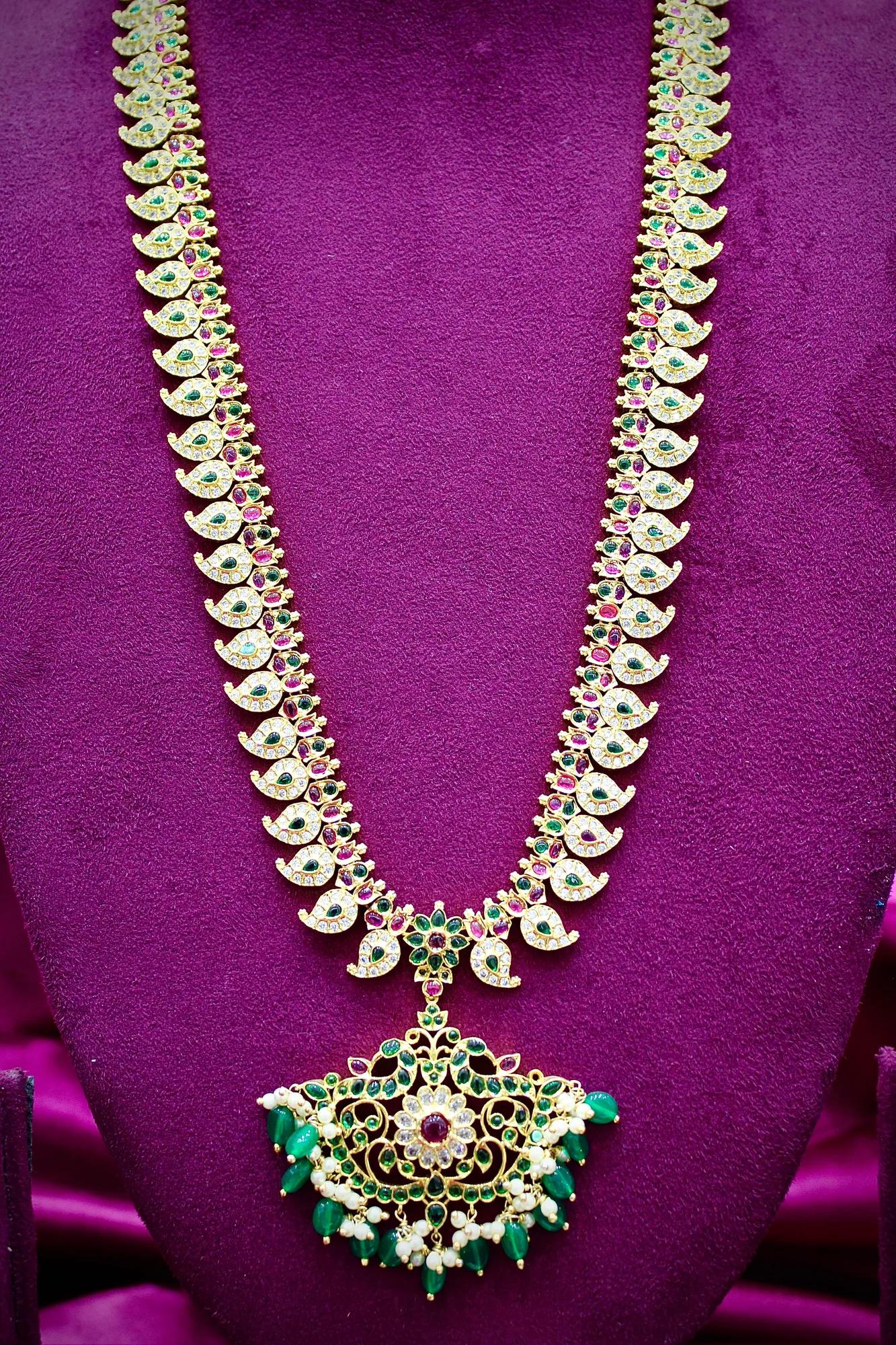 Grand Temple-Inspired Long Haram Necklace Set with Green Beads