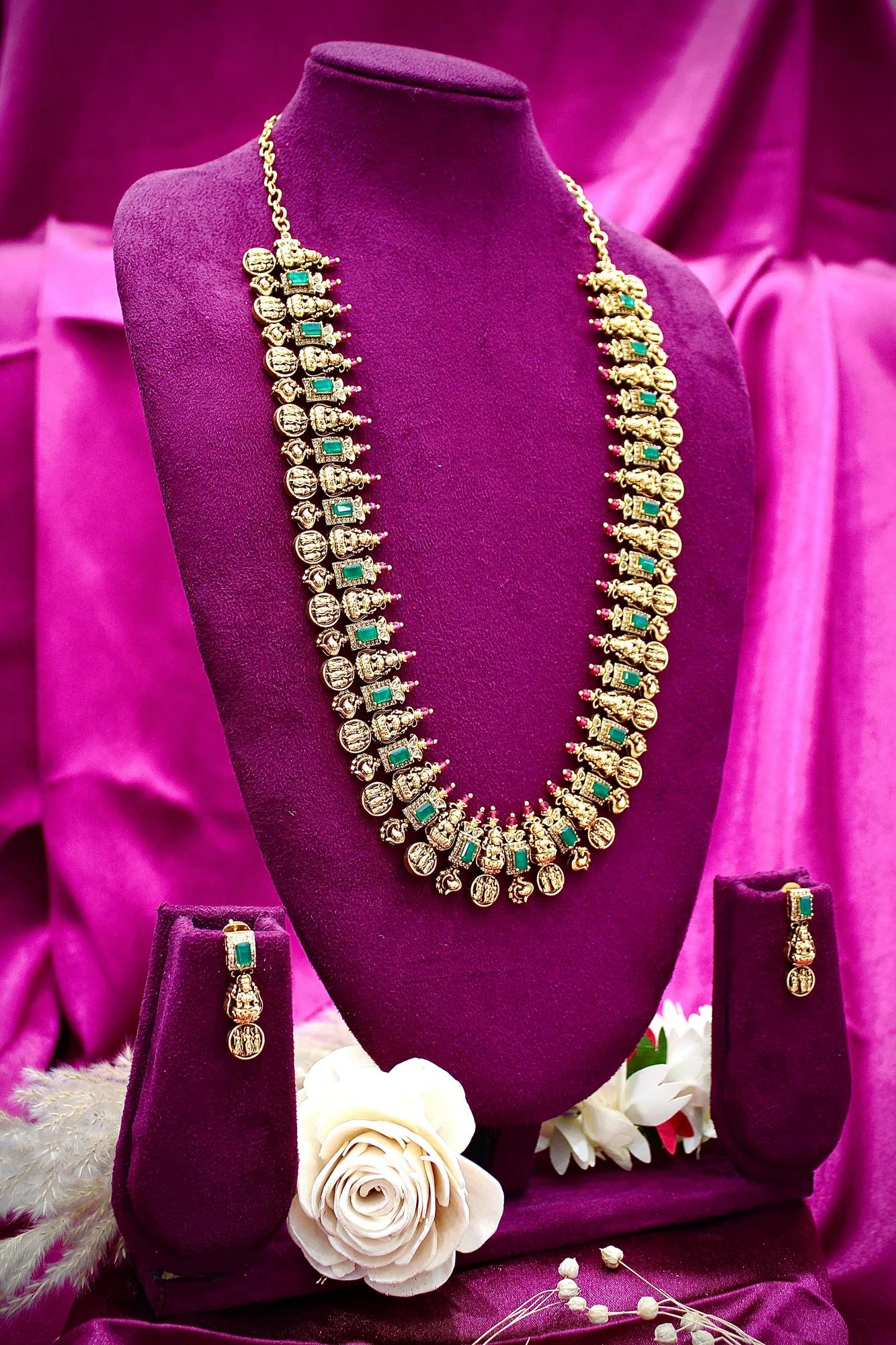 Temple Coin & Emerald Stone Long Necklace Set
