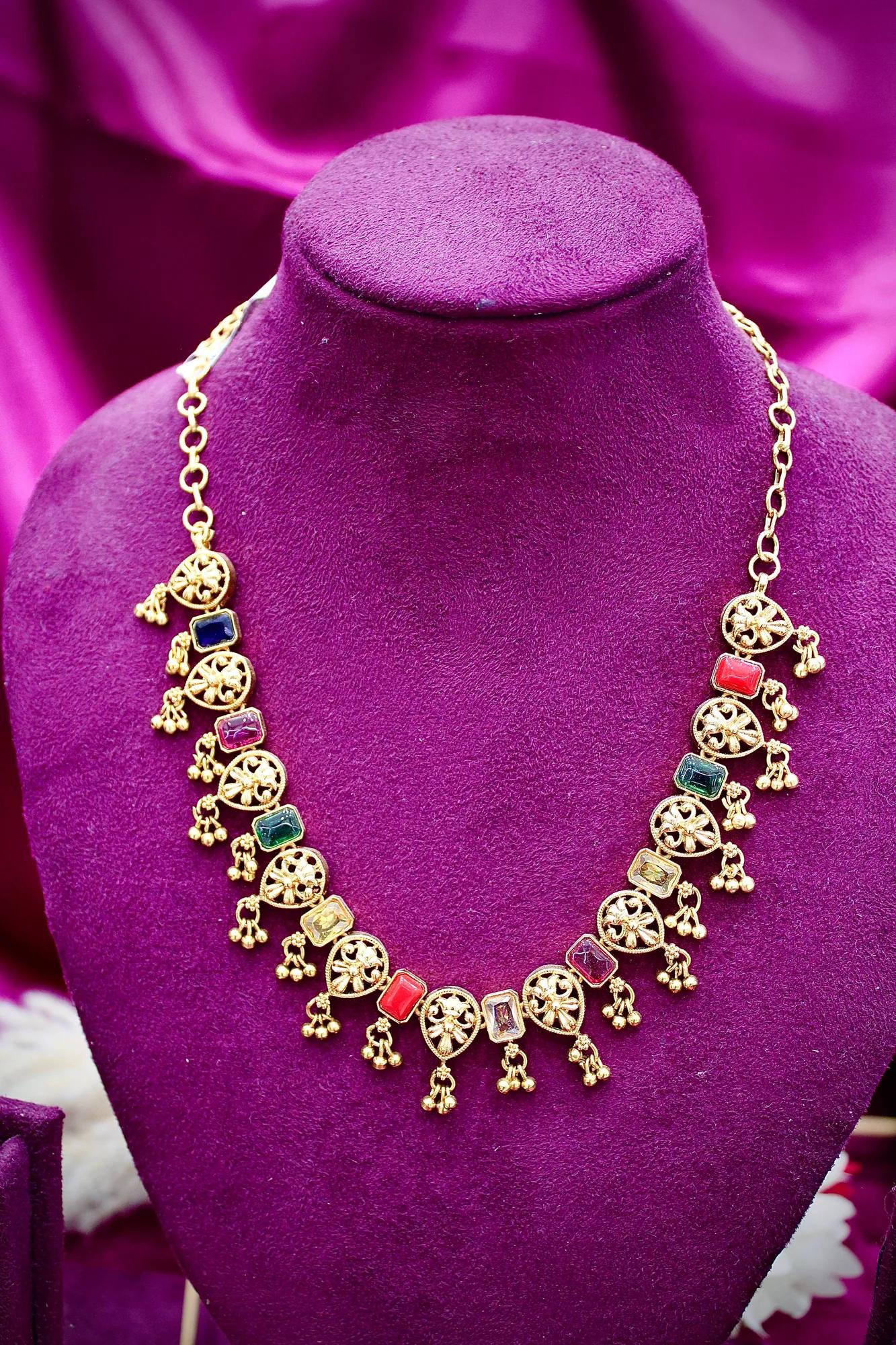 Traditional Navratna Antique Necklace Set with Filigree Charms