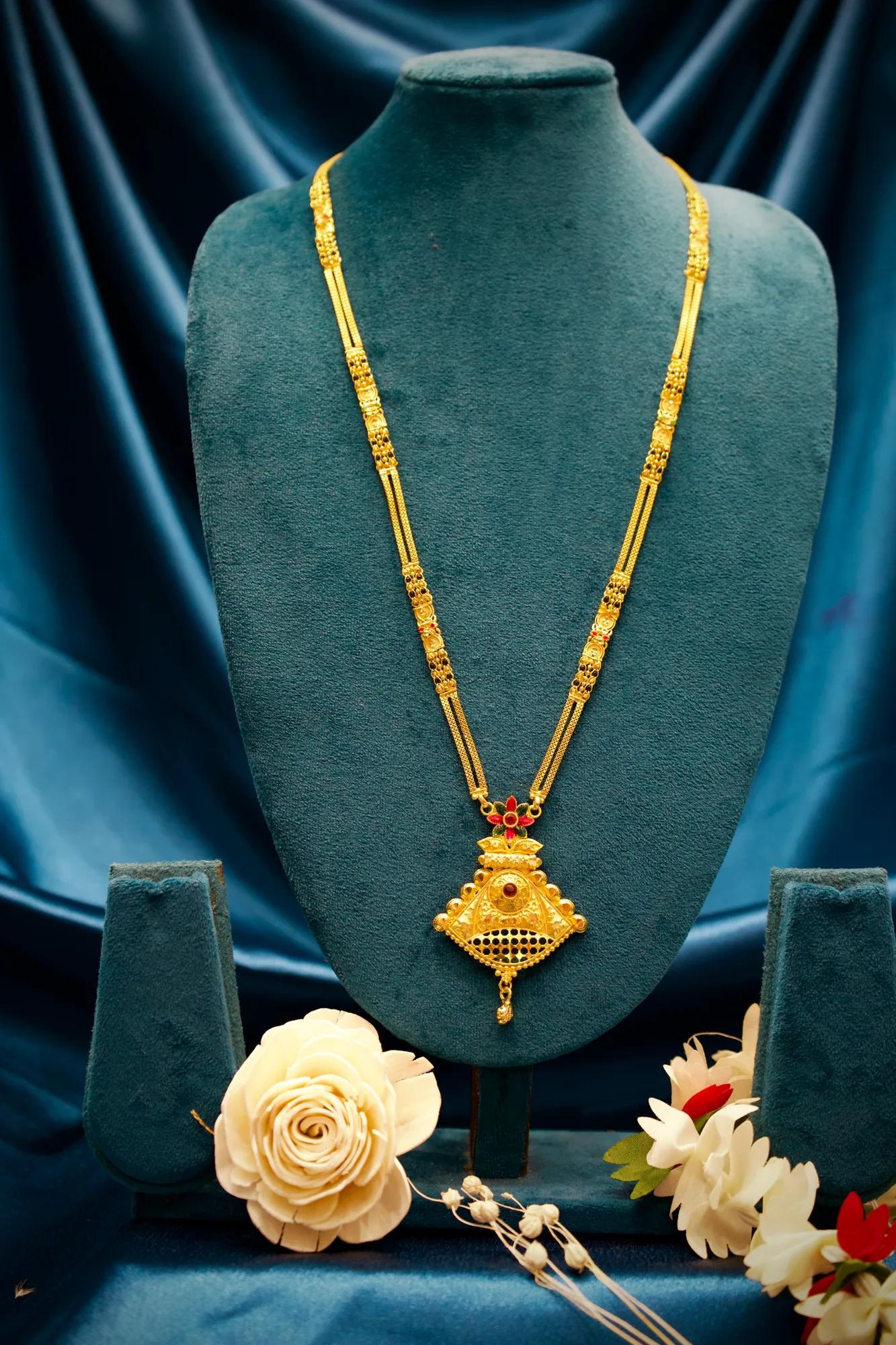 Royal Triangle Floral Pendant Gold-Tone Mangalsutra Necklace