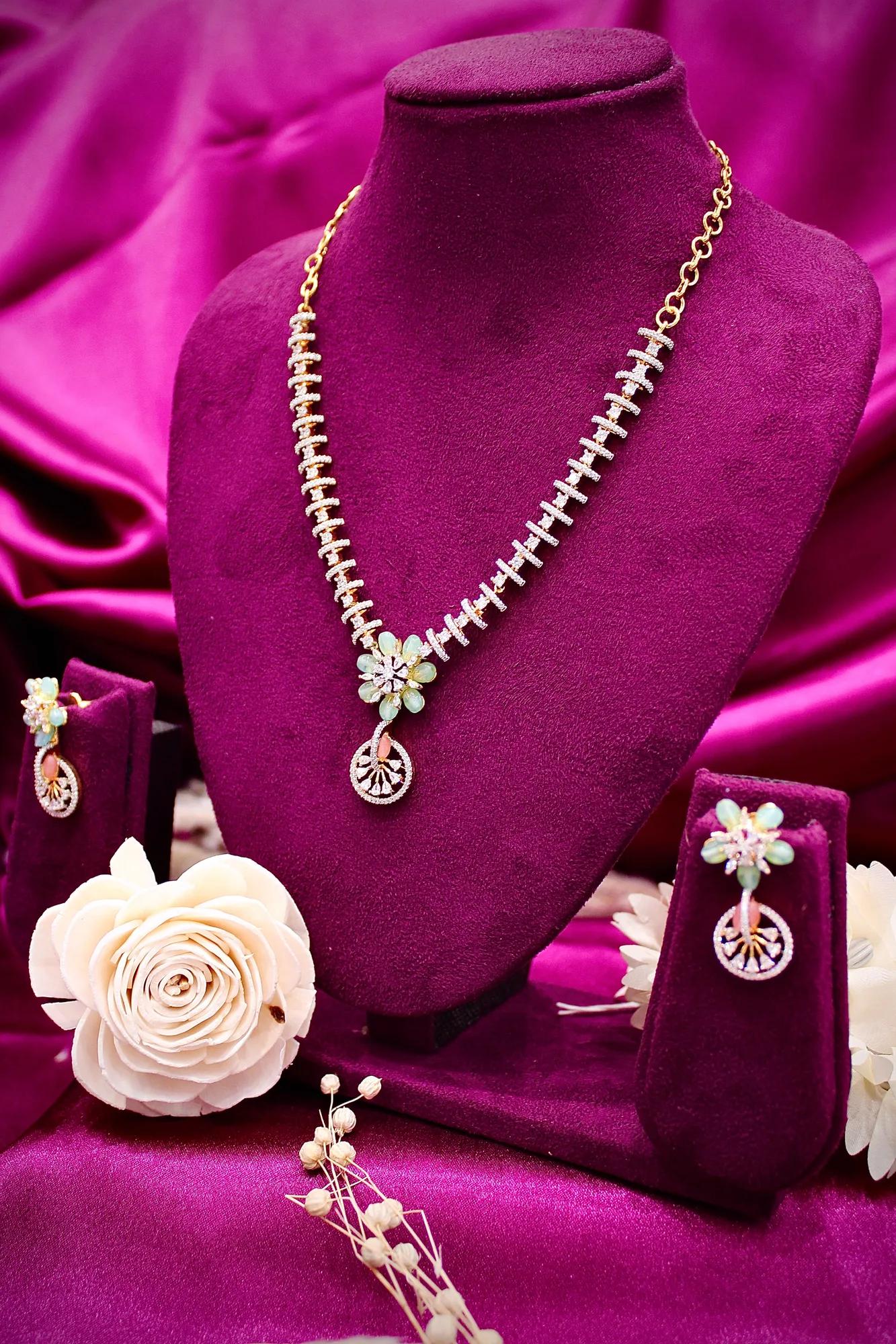 Floral Mint Stone Pendant Necklace Set with CZ Accents