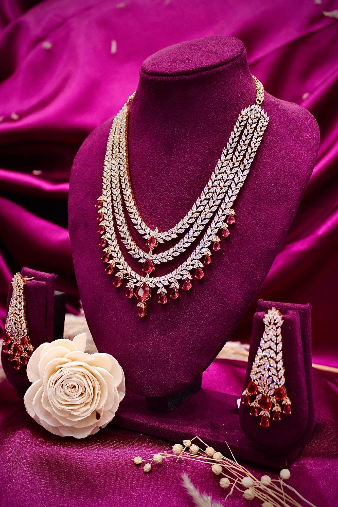 Ruby Drop Layered American Diamond Bridal Necklace Set