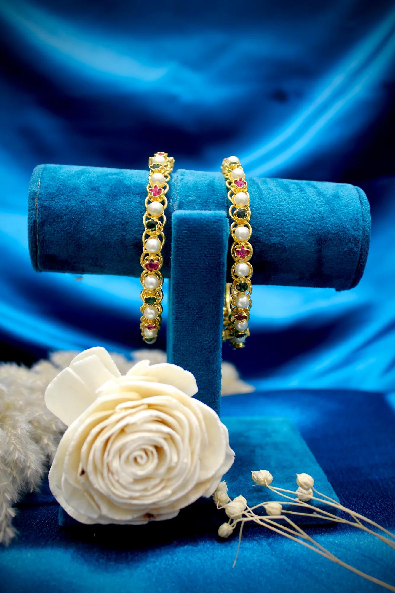 Elegant Pearl & Multicolor Stone Gold Finish Bangles (Set of 2)