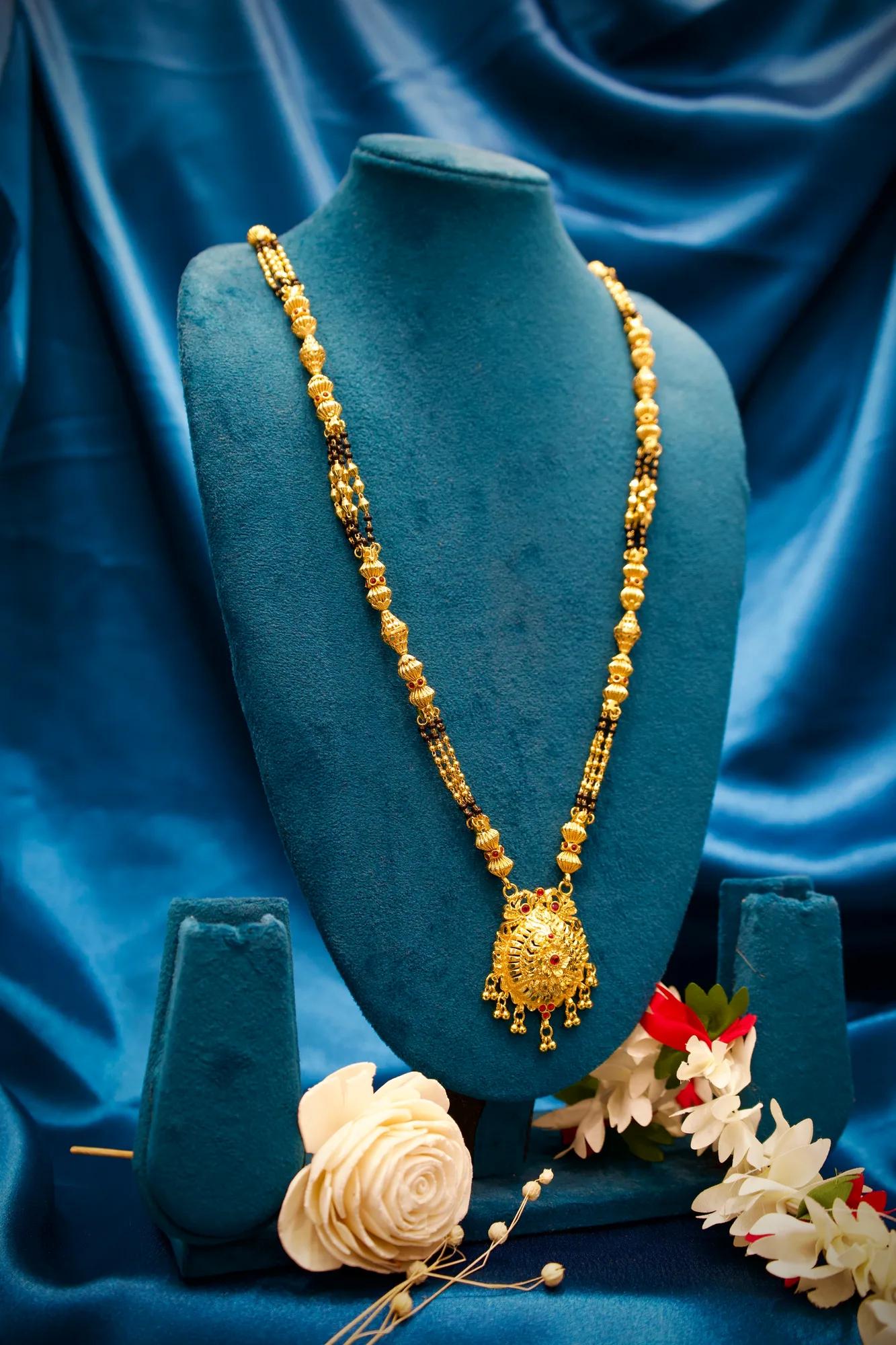 Royal Traditional Black Bead Mangalsutra with Ruby Stone Pendant