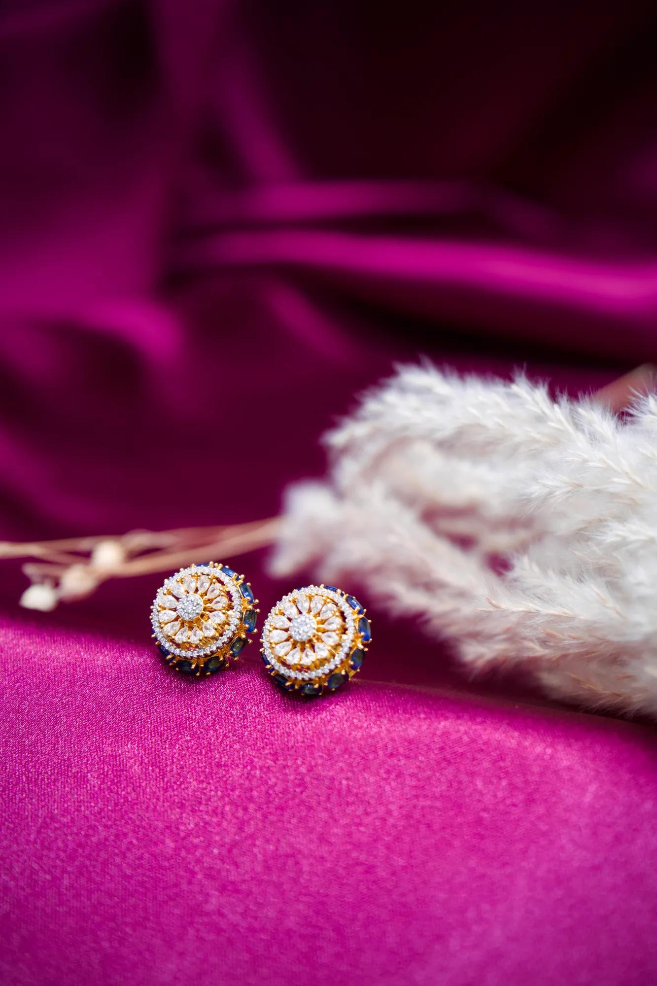 Royal Blue Stone Floral Stud Earrings — Image 2