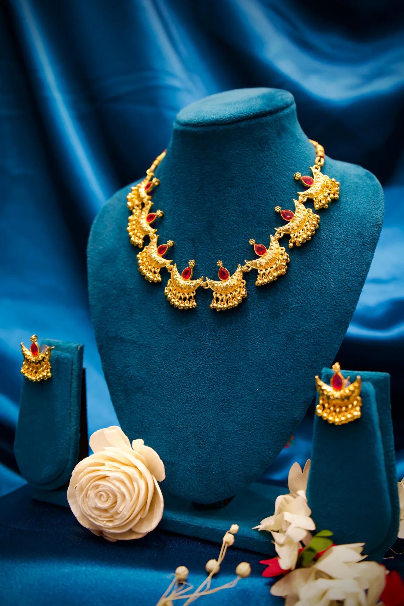Royal Crescent Motif Choker Necklace Set with Ruby Stone Accents
