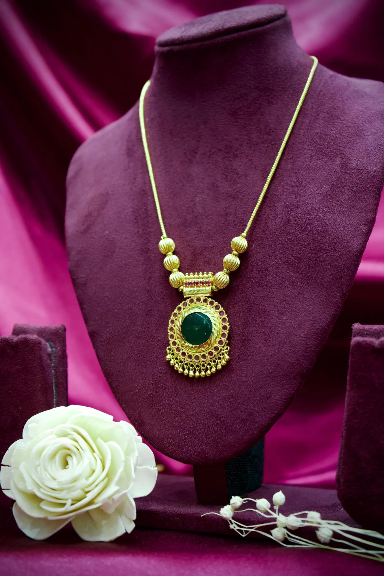 Traditional Emerald Stone Temple Pendant Necklace