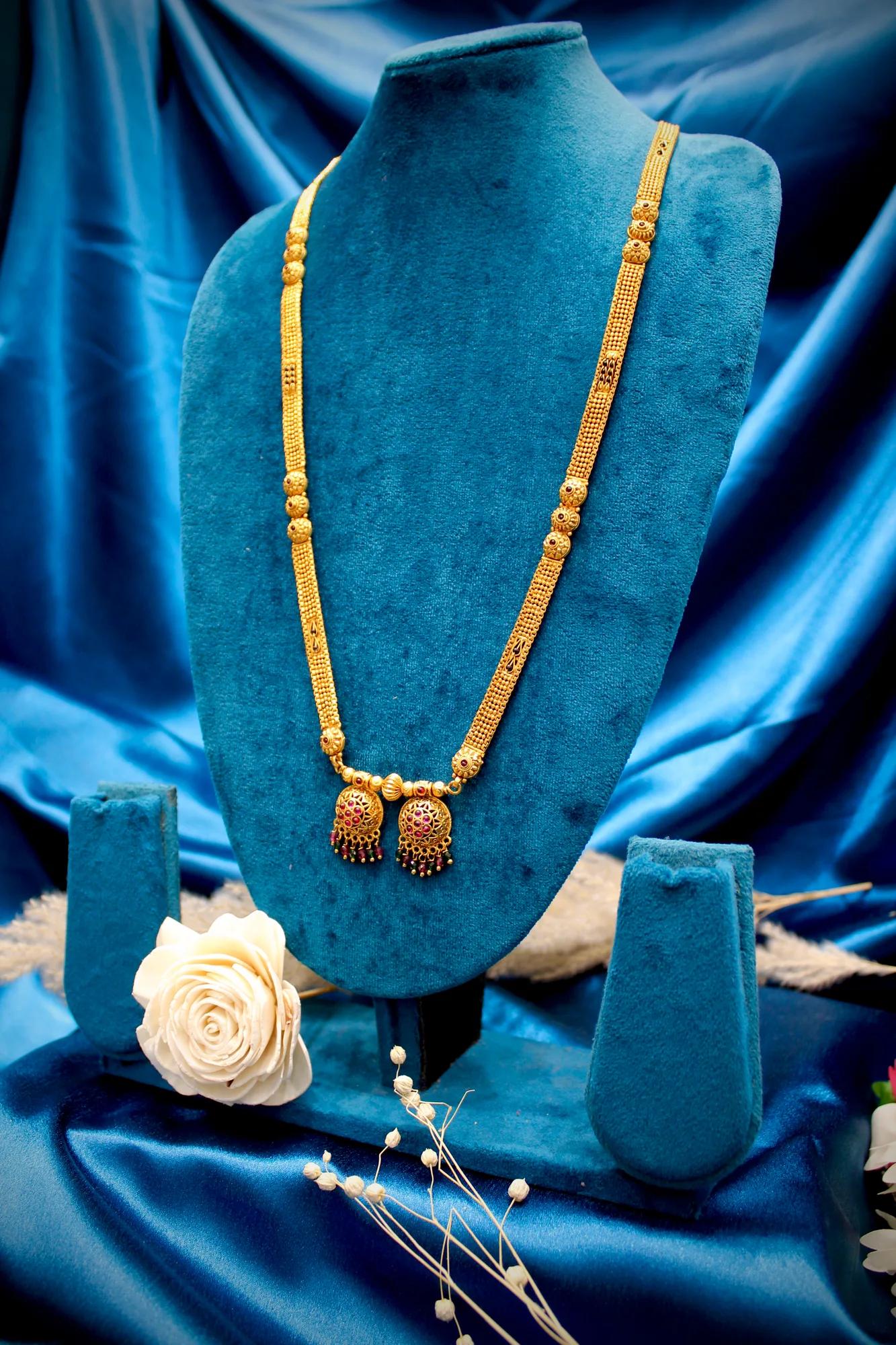 Royal Antique Gold Long Mangalsutra with Twin Floral Jhumka Pendants