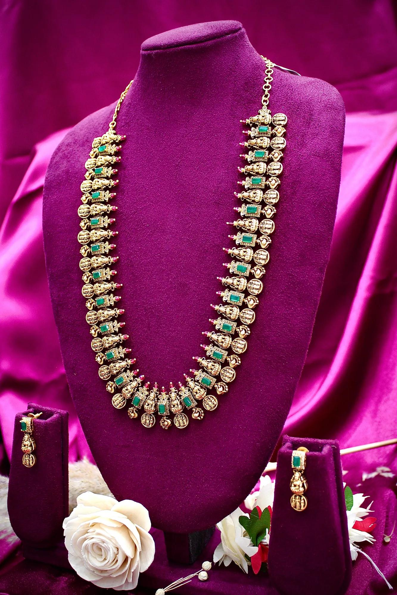 Temple Coin & Emerald Stone Long Necklace Set