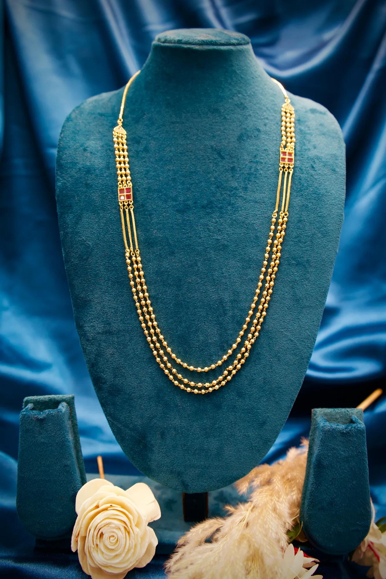 Elegant Triple-Layer Gold Bead Long Necklace Set