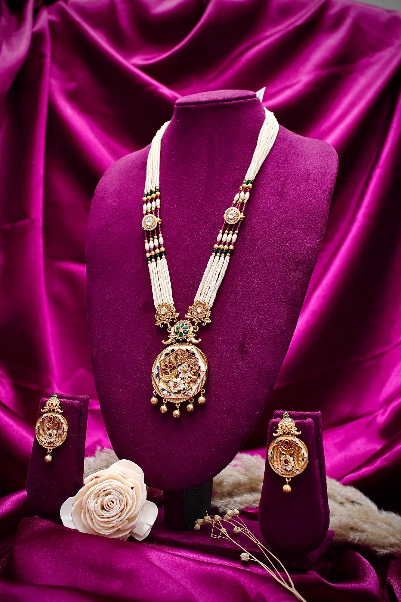 Royal Floral Pearl Mala Pendant Set with Matching Earrings — Image 3