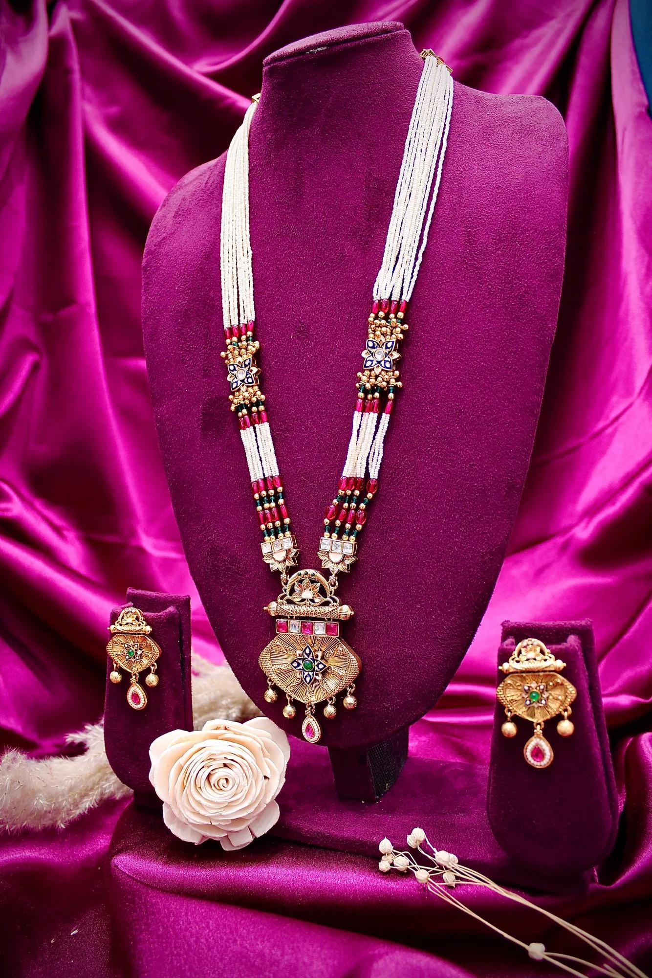Traditional Pearl Mala Pendant Necklace Set with Ruby Accents — Image 3