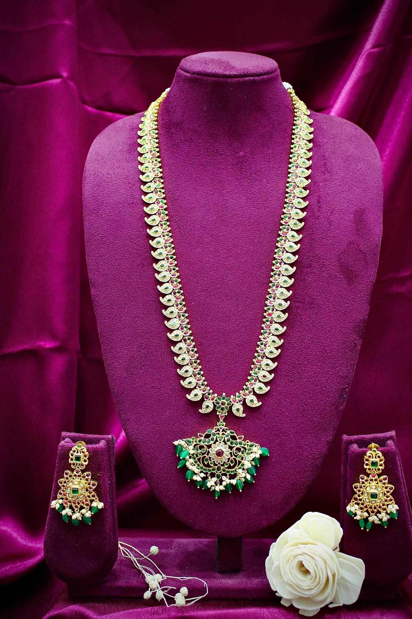 Grand Temple-Inspired Long Haram Necklace Set with Green Beads