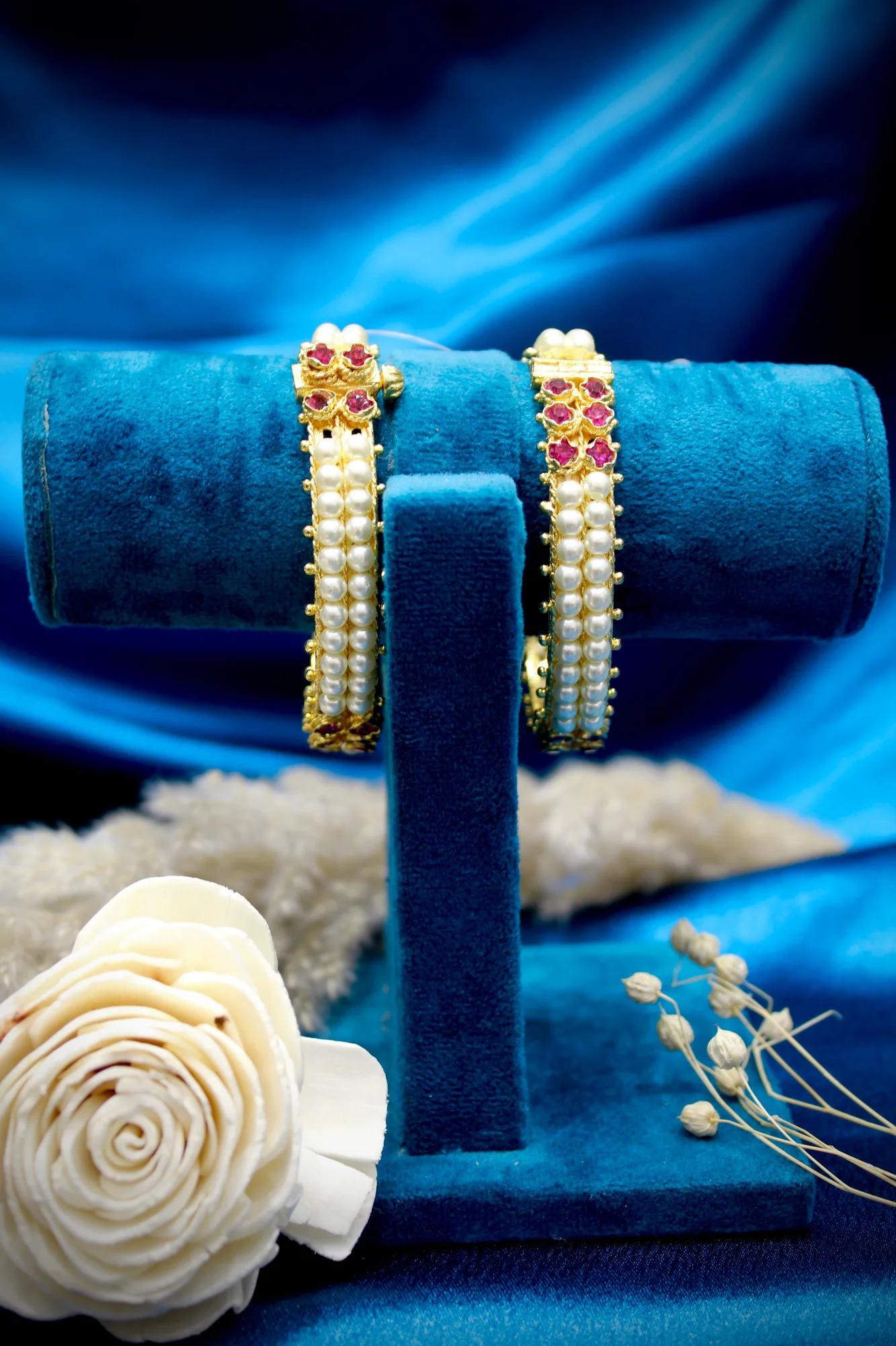 Pearl & Ruby Floral Openable Bangles (Set of 2)