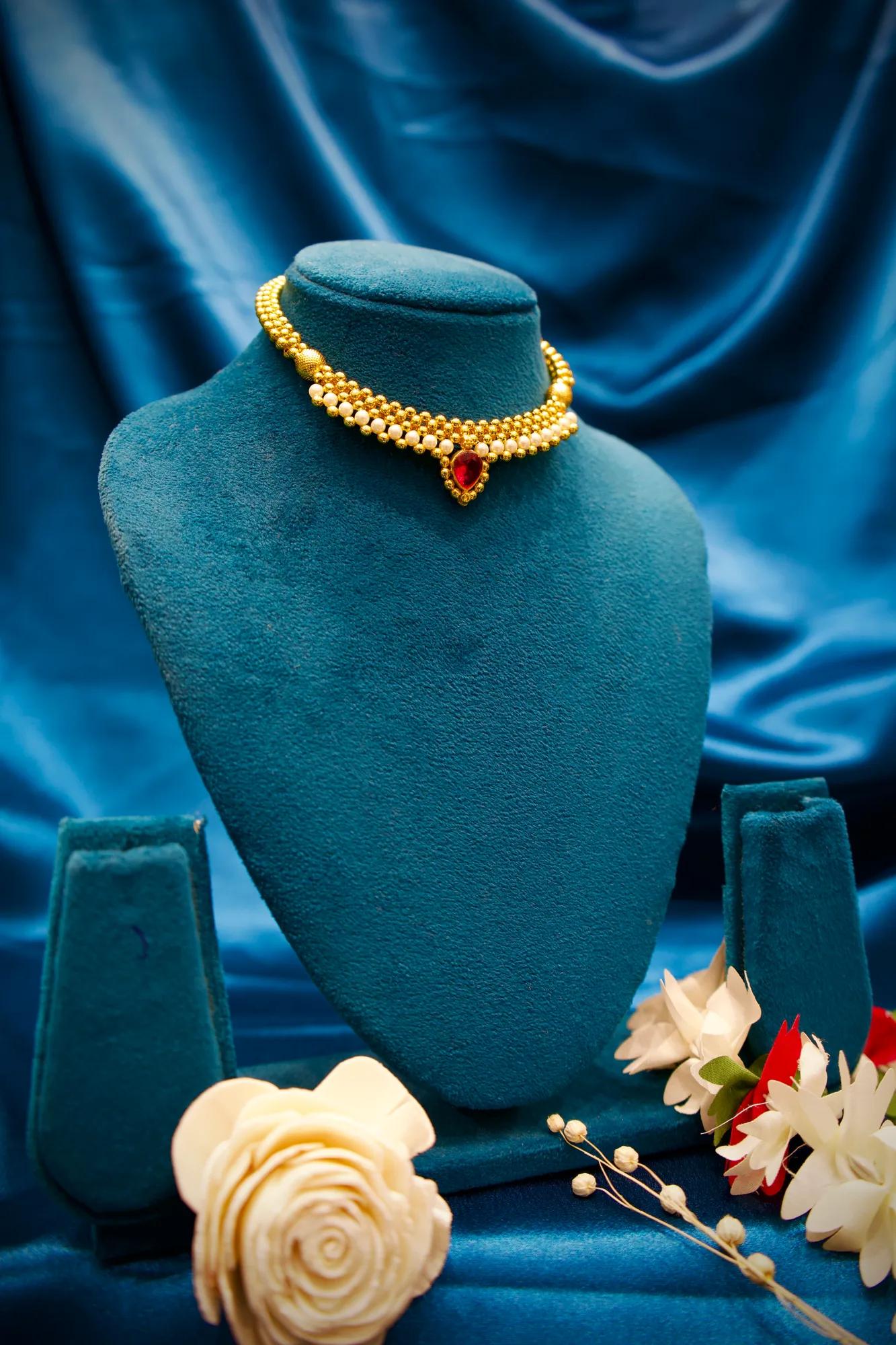 Ruby Teardrop Pearl Beaded Adjustable Choker Necklace