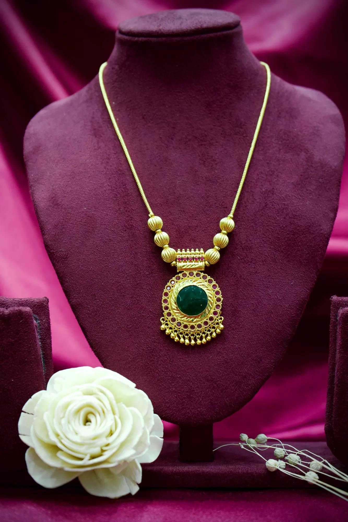 Traditional Emerald Stone Temple Pendant Necklace