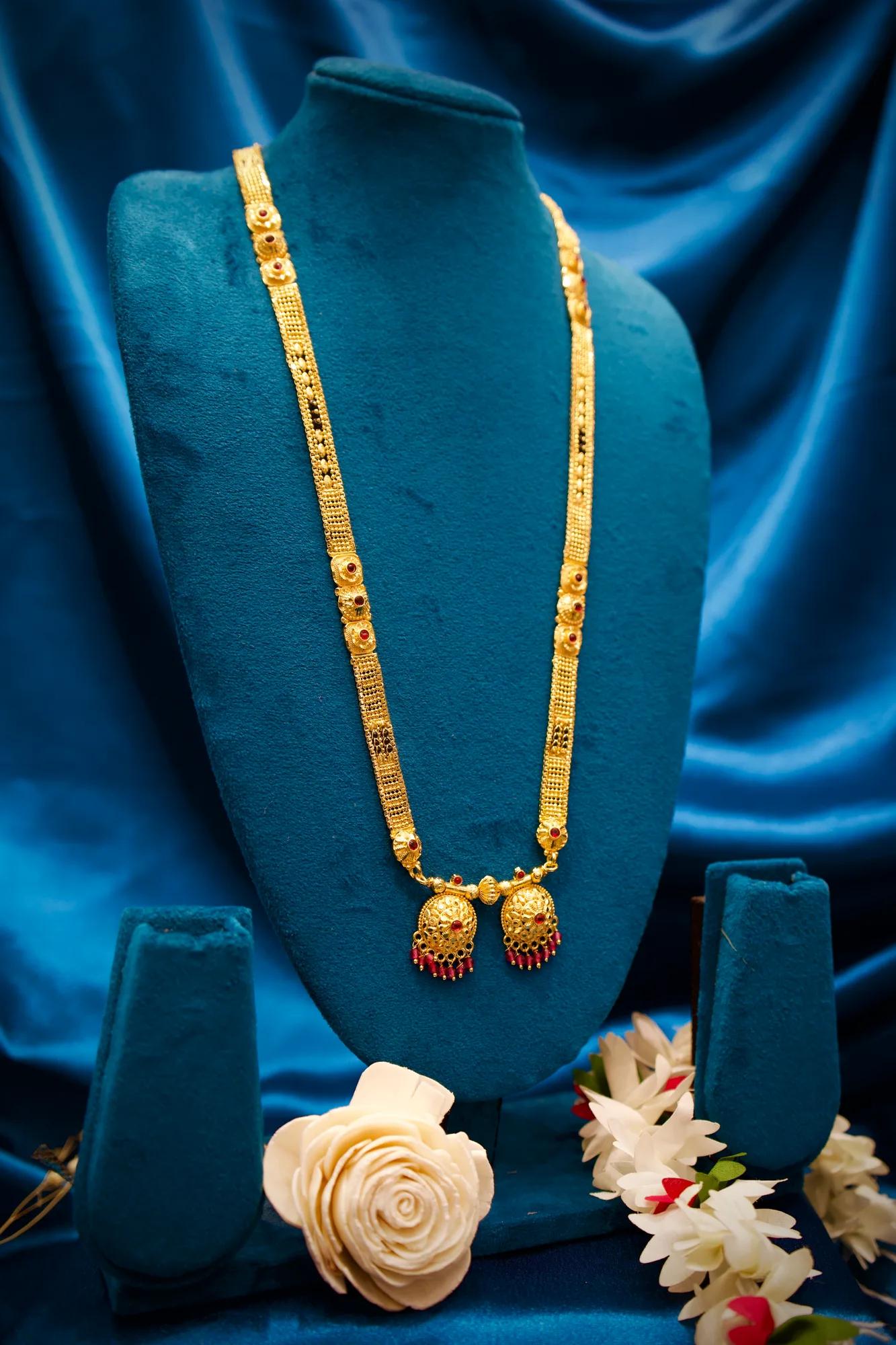 Antique Gold Finish Long Mangalsutra with Twin Jhumka Pendant Design