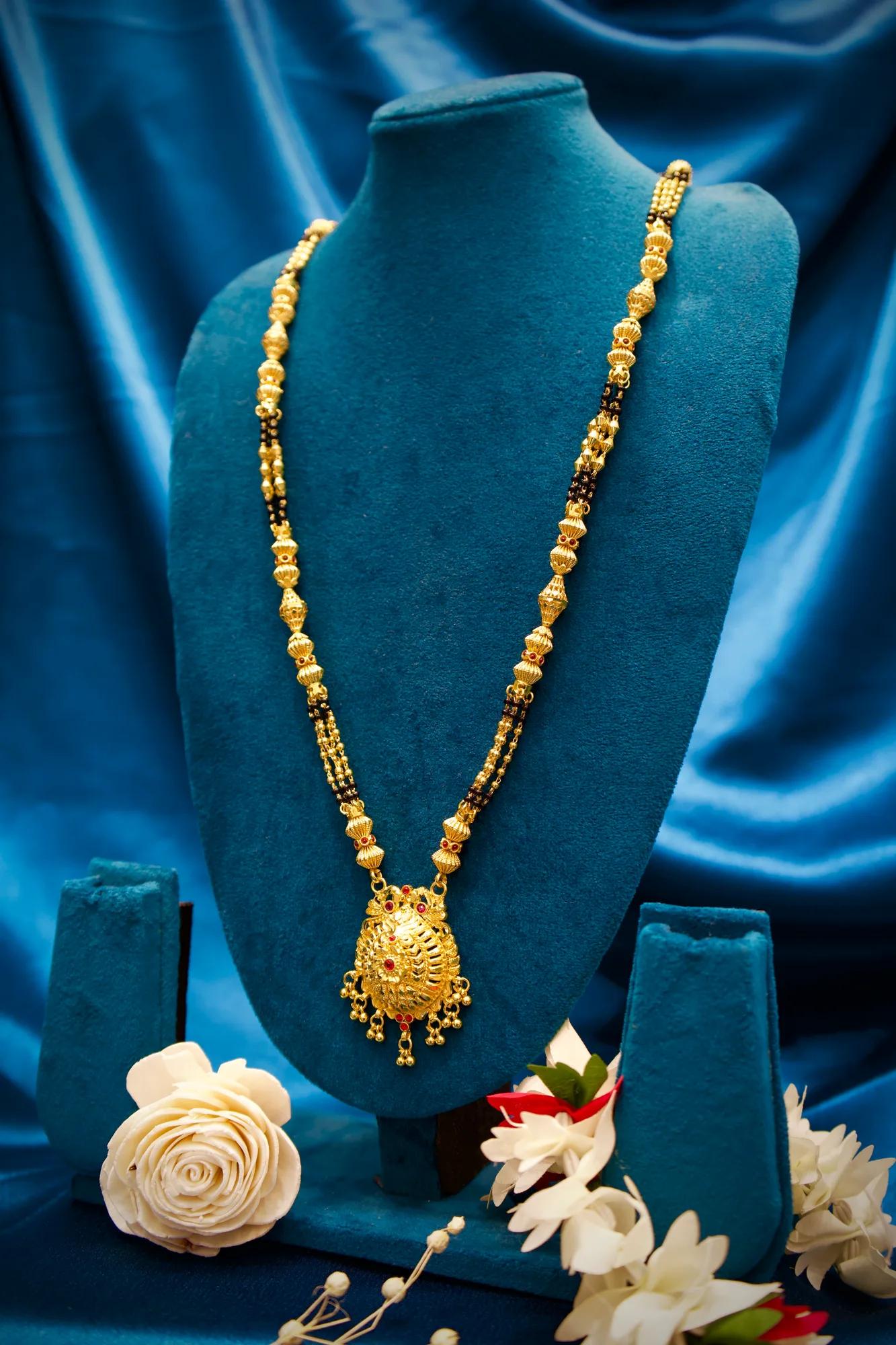 Royal Traditional Black Bead Mangalsutra with Ruby Stone Pendant