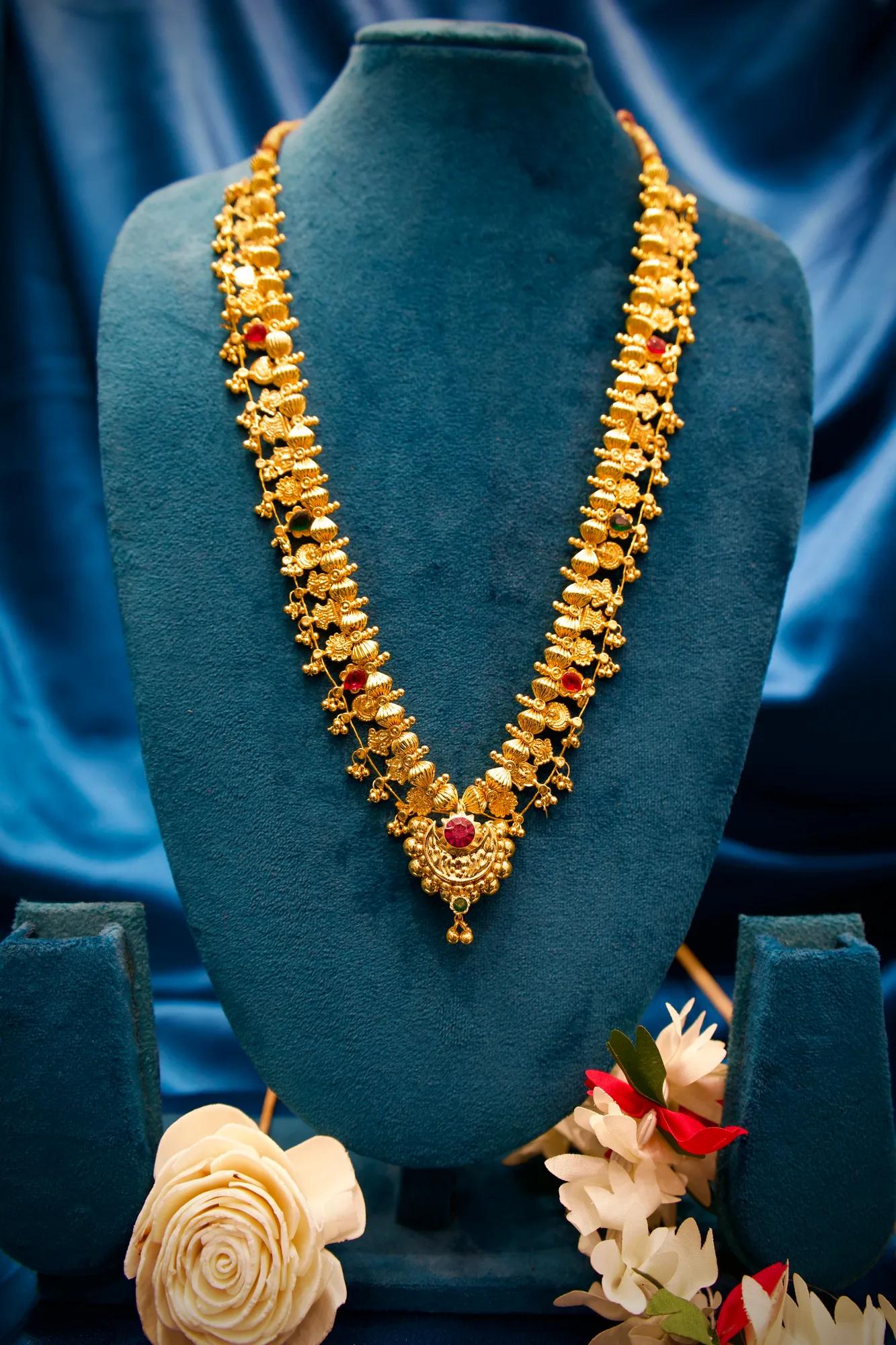Antique Floral Temple Haram Necklace with Ruby & Emerald Stone Pendant