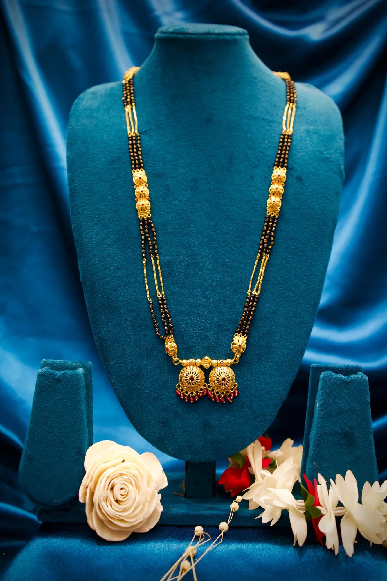 Traditional Black Bead Long Mangalsutra with Dual Jhumka Charms