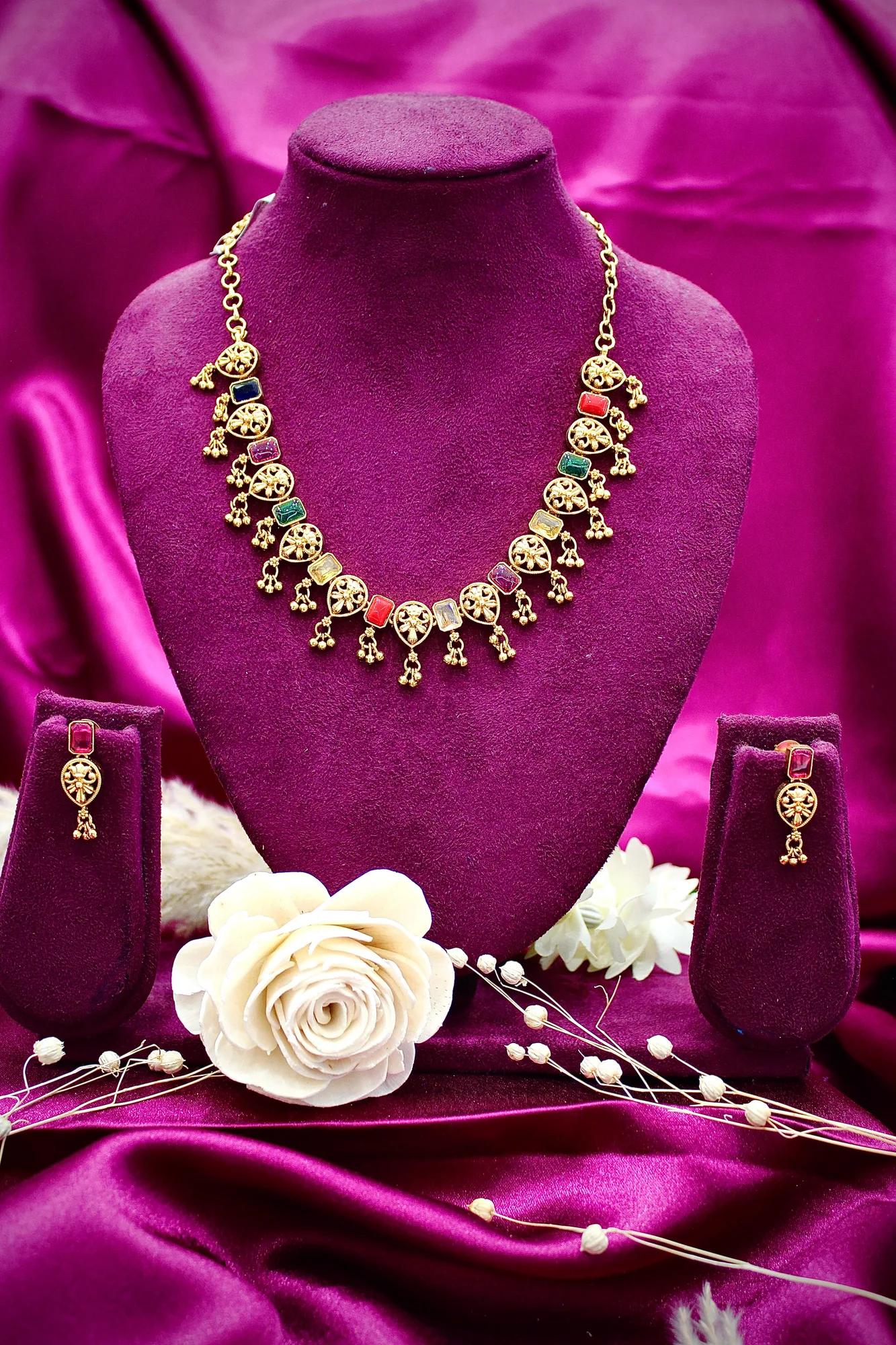 Traditional Navratna Antique Necklace Set with Filigree Charms