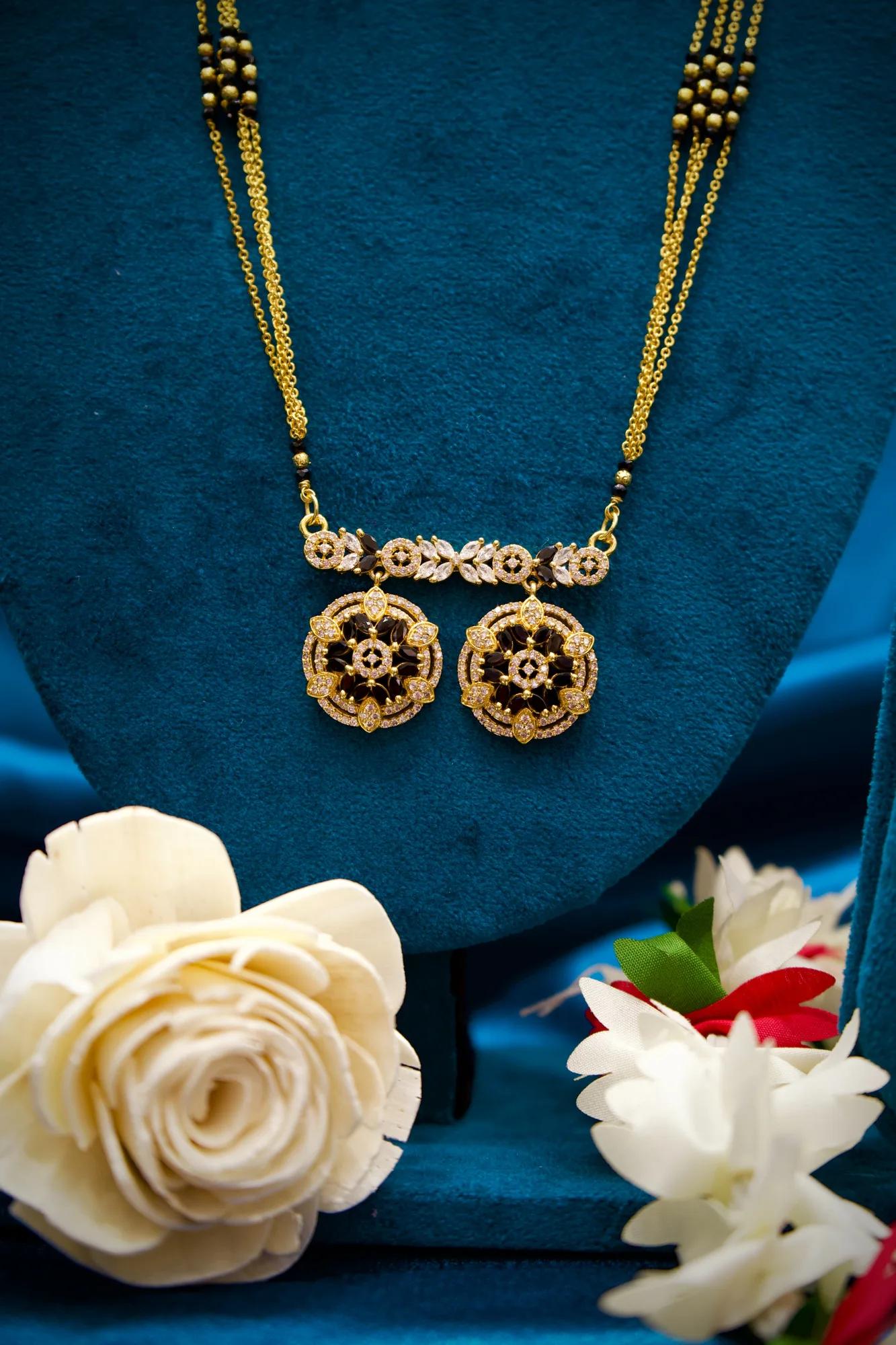 Designer Black Bead Mangalsutra with Dual Floral Charm Pendant