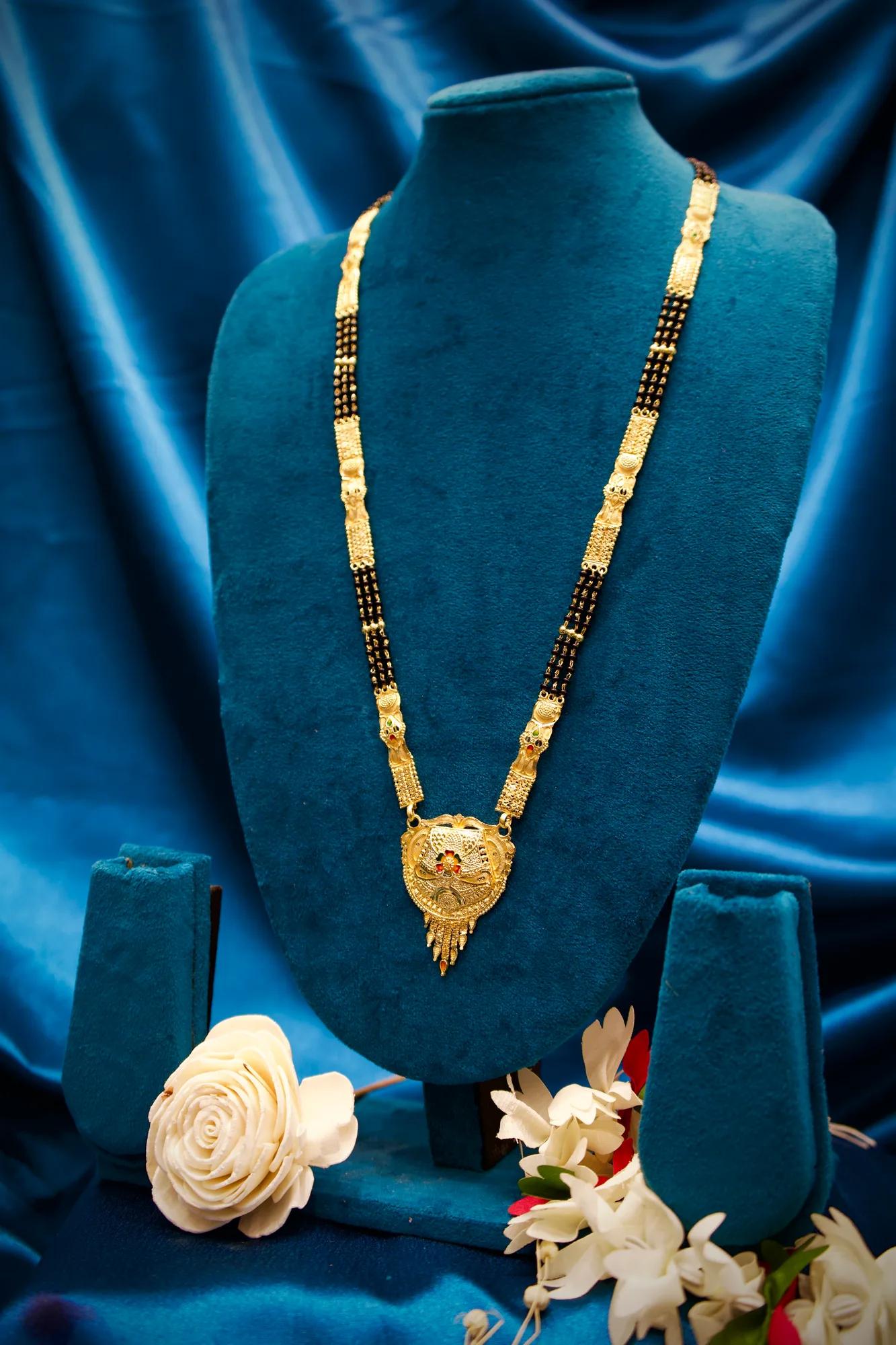 Traditional Black Bead Long Mangalsutra with Antique Shield Pendant