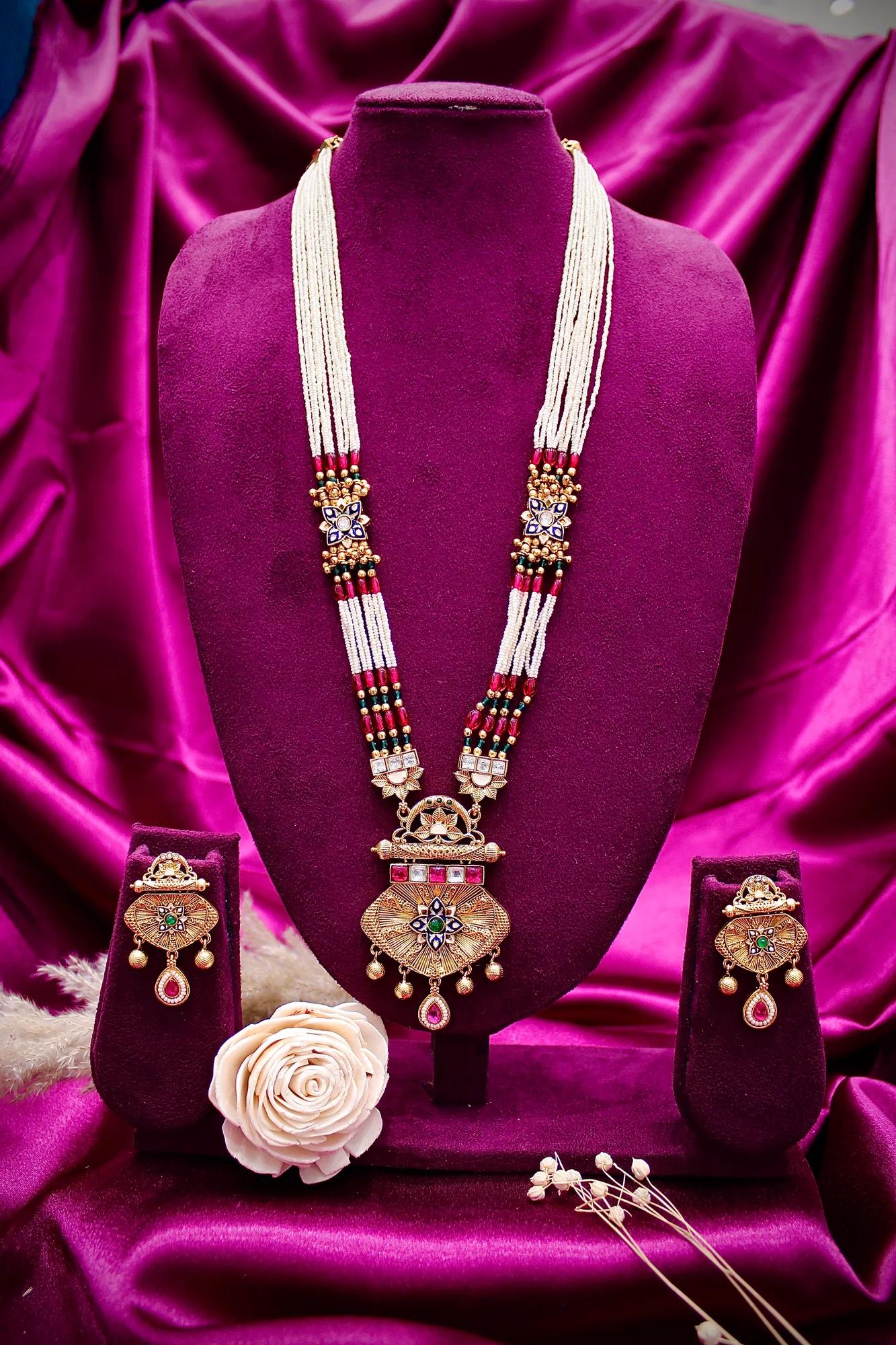 Traditional Pearl Mala Pendant Necklace Set with Ruby Accents