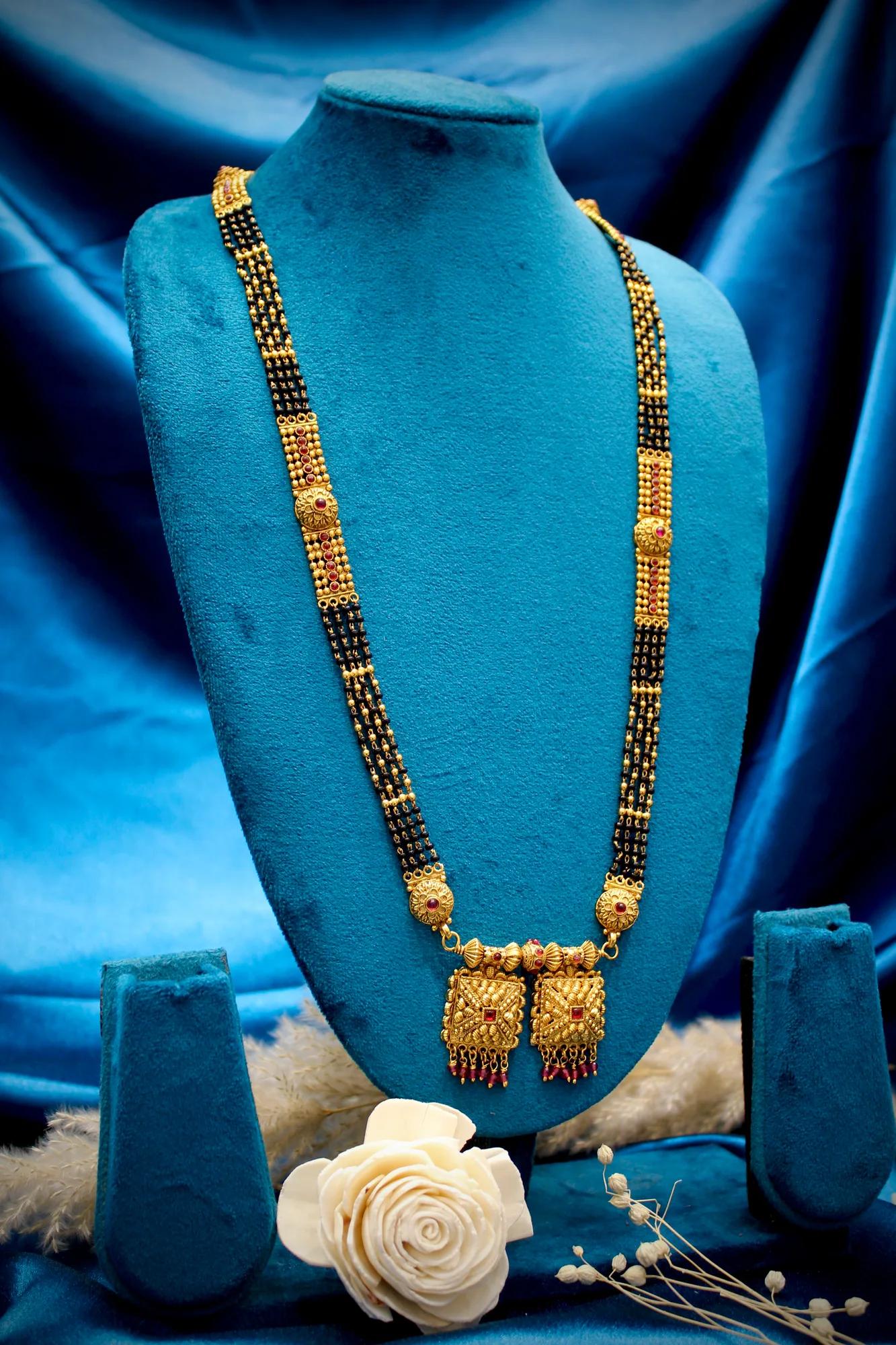 Traditional Dual Pendant Black Bead Mangalsutra with Antique Gold Finish