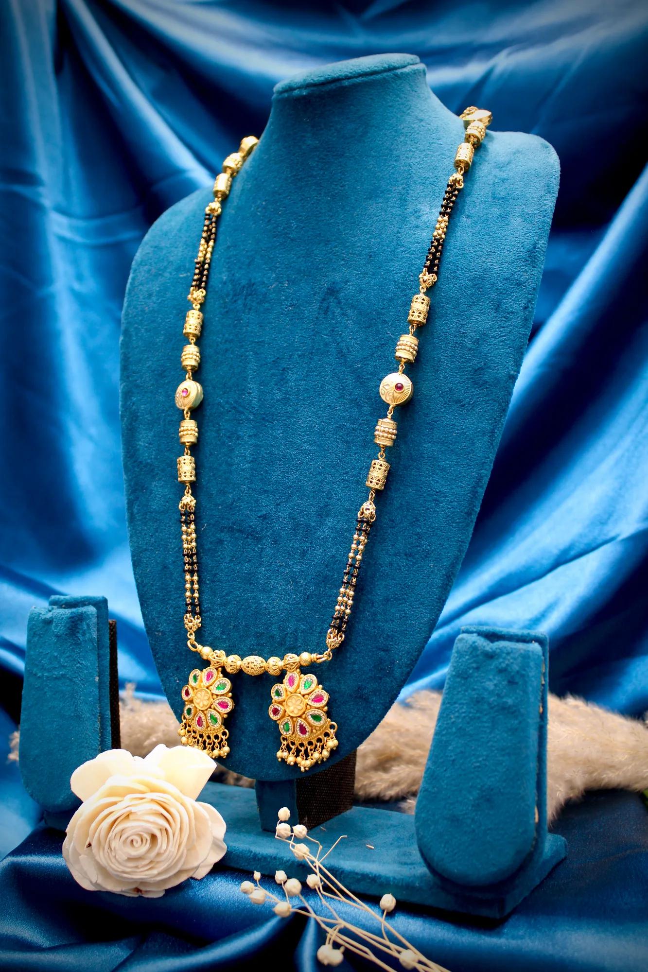 Floral Ruby & Emerald Traditional Mangalsutra Necklace Set — Image 3