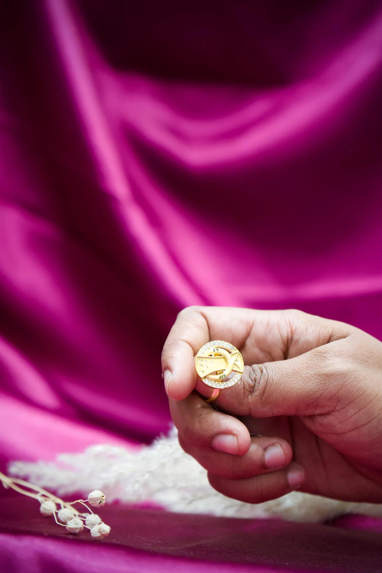 Elegant Circular Halo Gold-Tone Ring with CZ Accents — Image 3