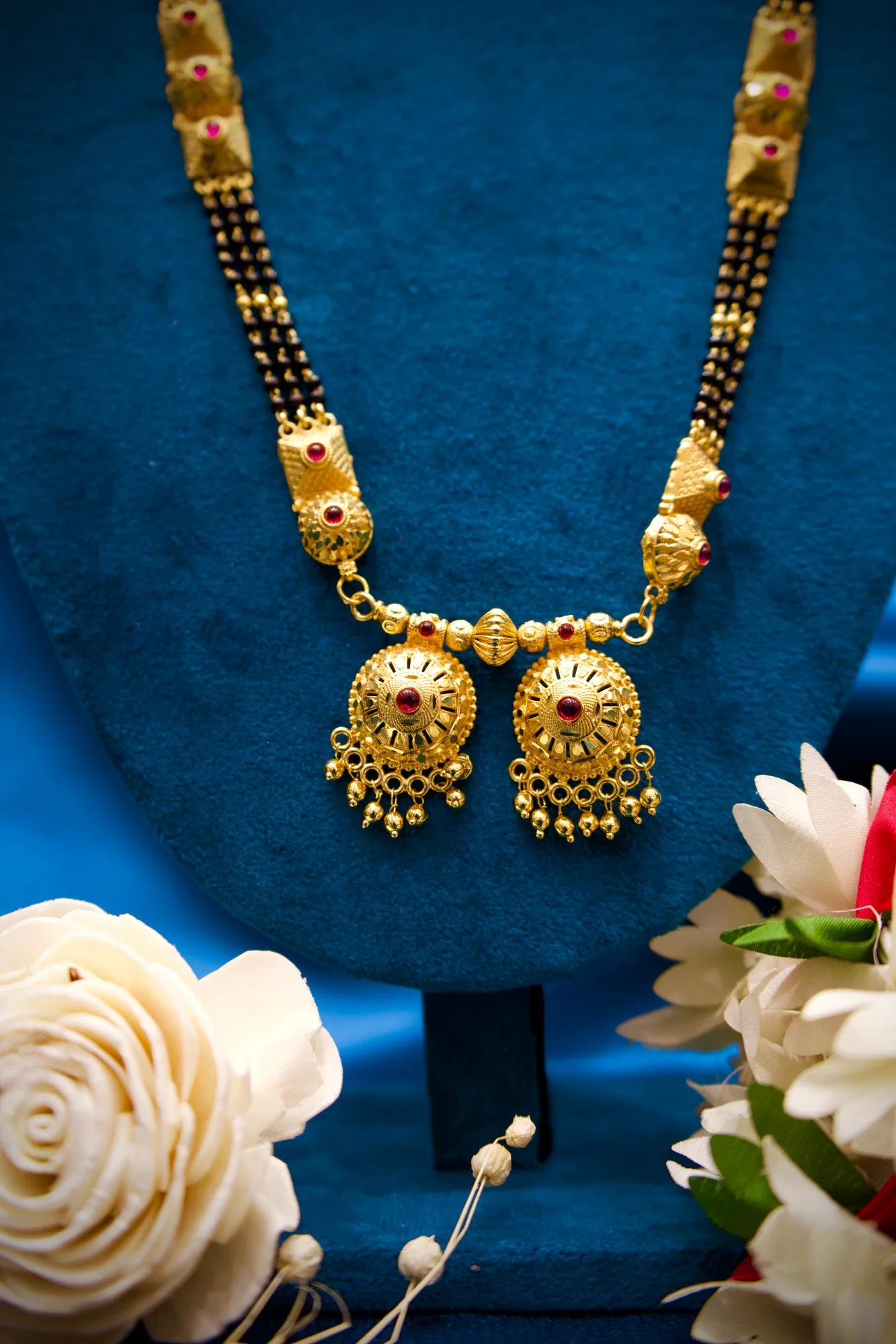 Traditional Black Bead Long Mangalsutra with Dual Dome Charms