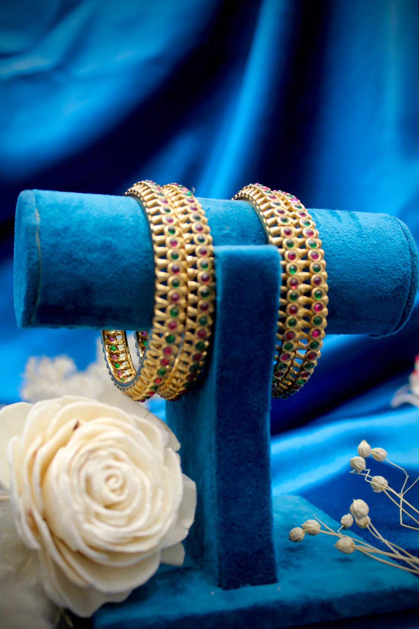 Traditional Ruby Emerald Stone Studded Bangle Set — Image 2