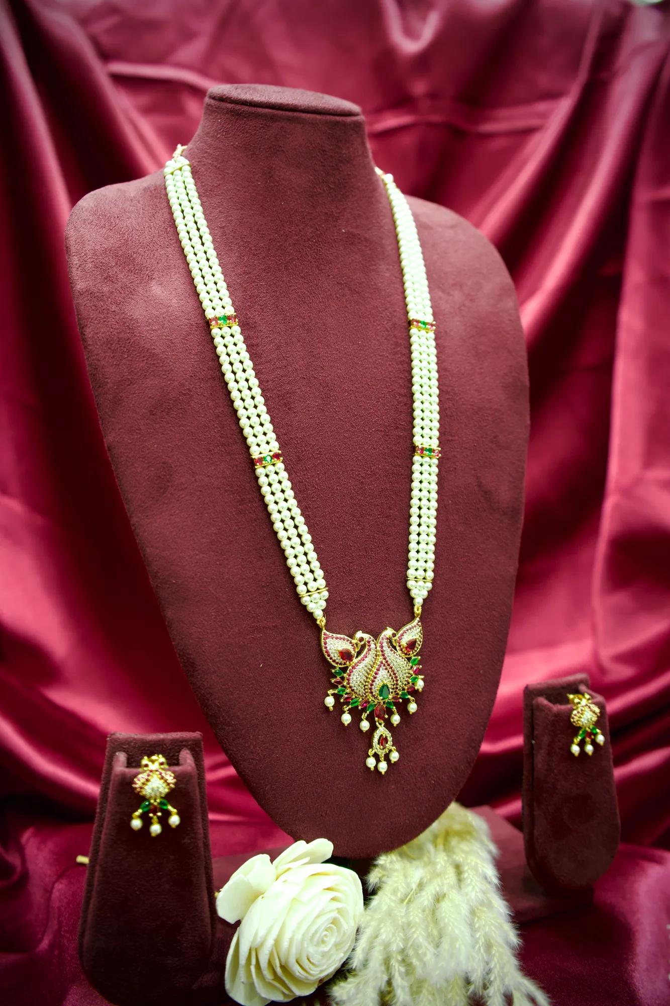 Royal Twin Peacock Pearl Necklace Set with Ruby & Emerald Accents