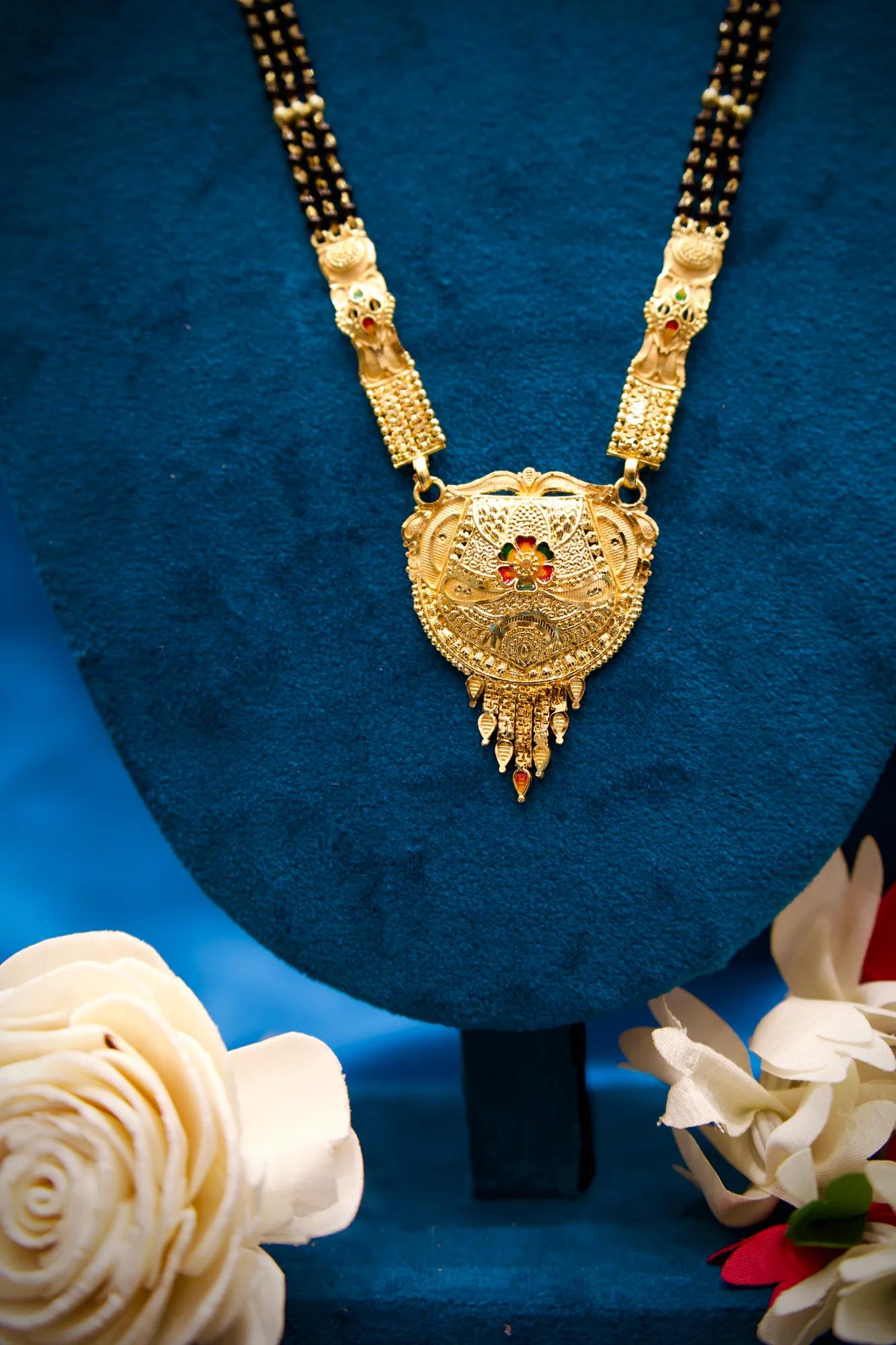 Traditional Black Bead Long Mangalsutra with Antique Shield Pendant