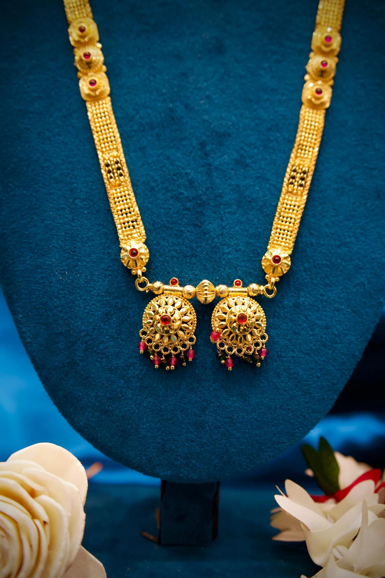 Traditional Antique Gold Tone Long Haram Mangalsutra with Ruby Stone Accents
