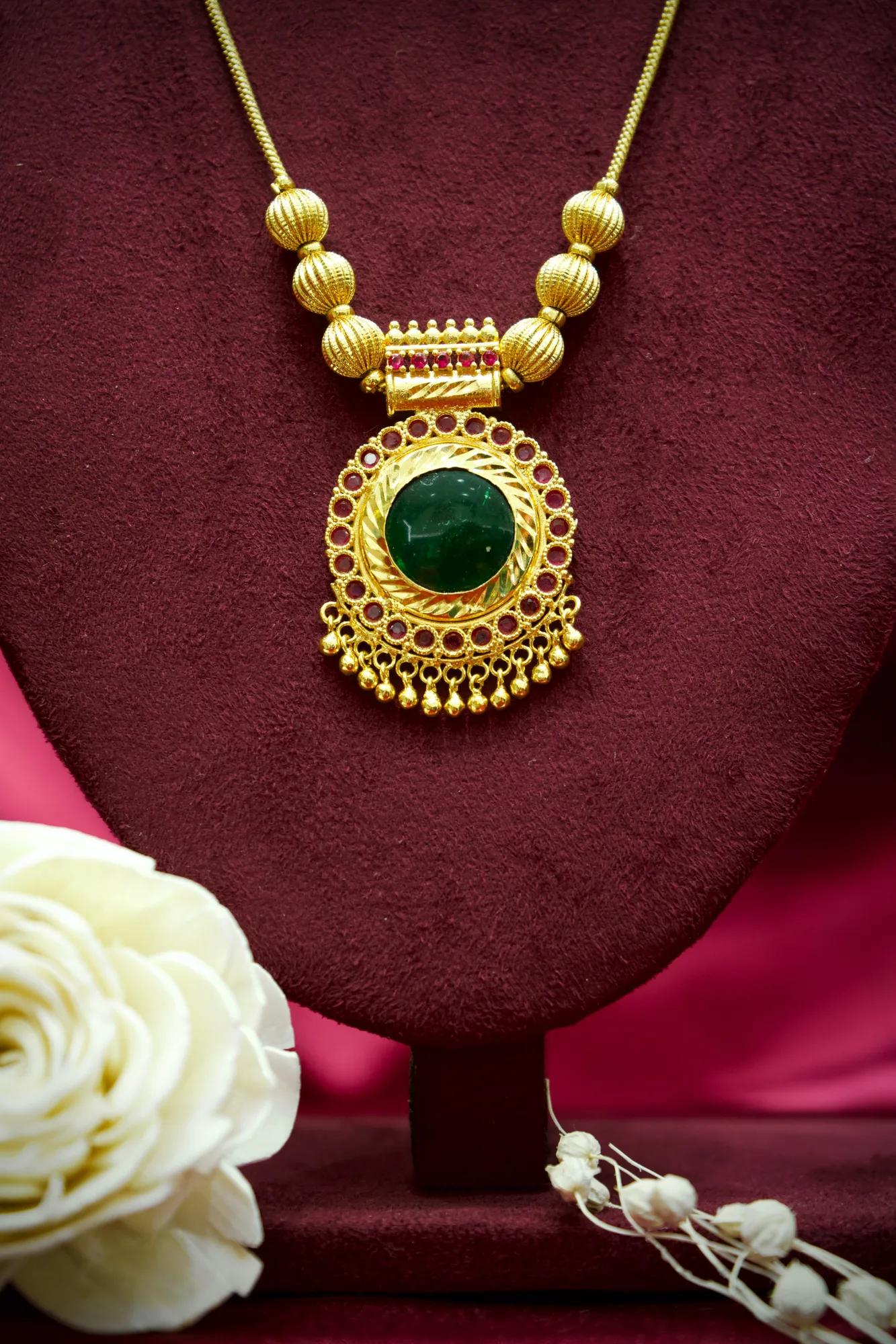 Traditional Emerald Stone Temple Pendant Necklace