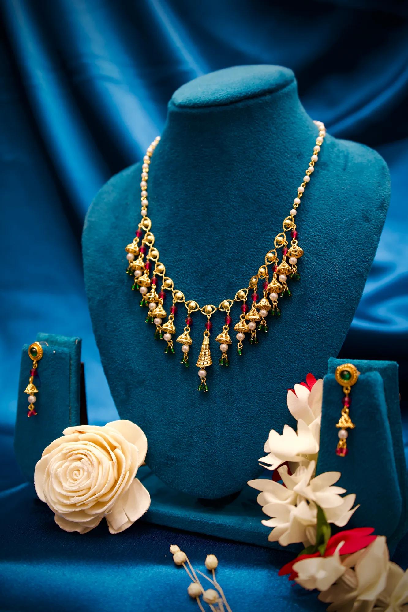Traditional Jhumka Charm Necklace Set with Pearl & Multicolor Beads