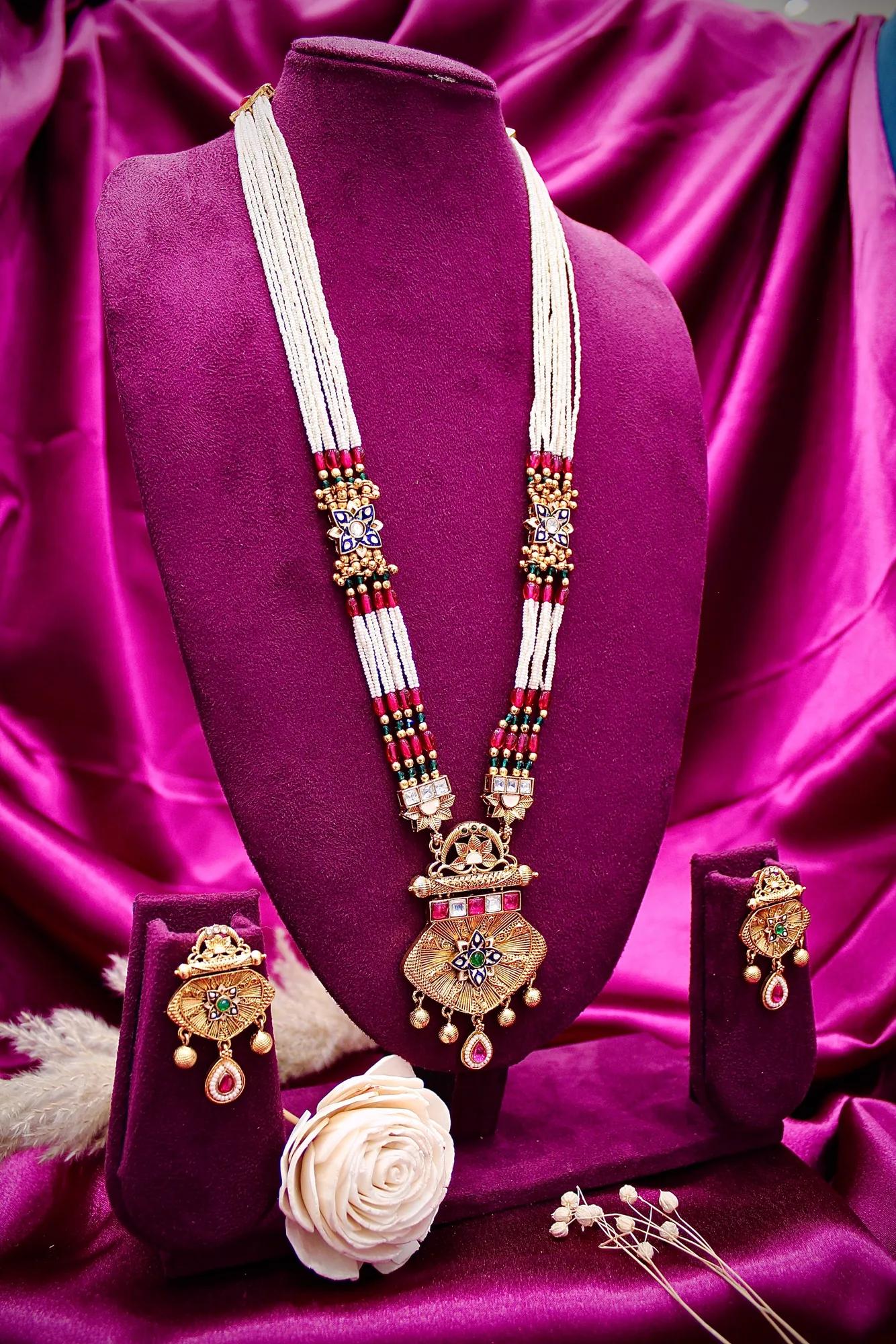 Traditional Pearl Mala Pendant Necklace Set with Ruby Accents — Image 2