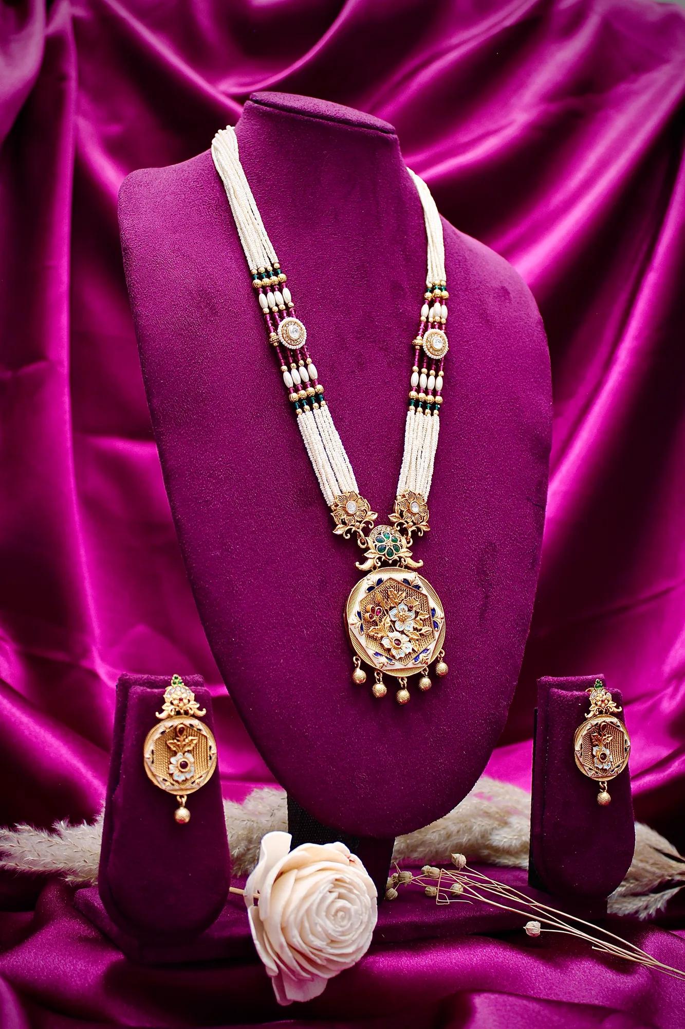 Royal Floral Pearl Mala Pendant Set with Matching Earrings — Image 2