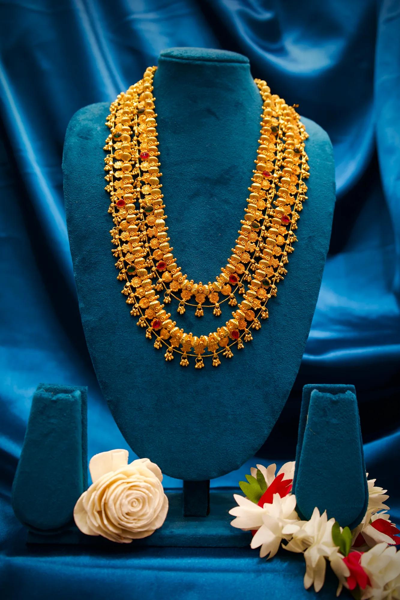 Royal Floral Temple Long Haram Necklace with Dual-Layer Design