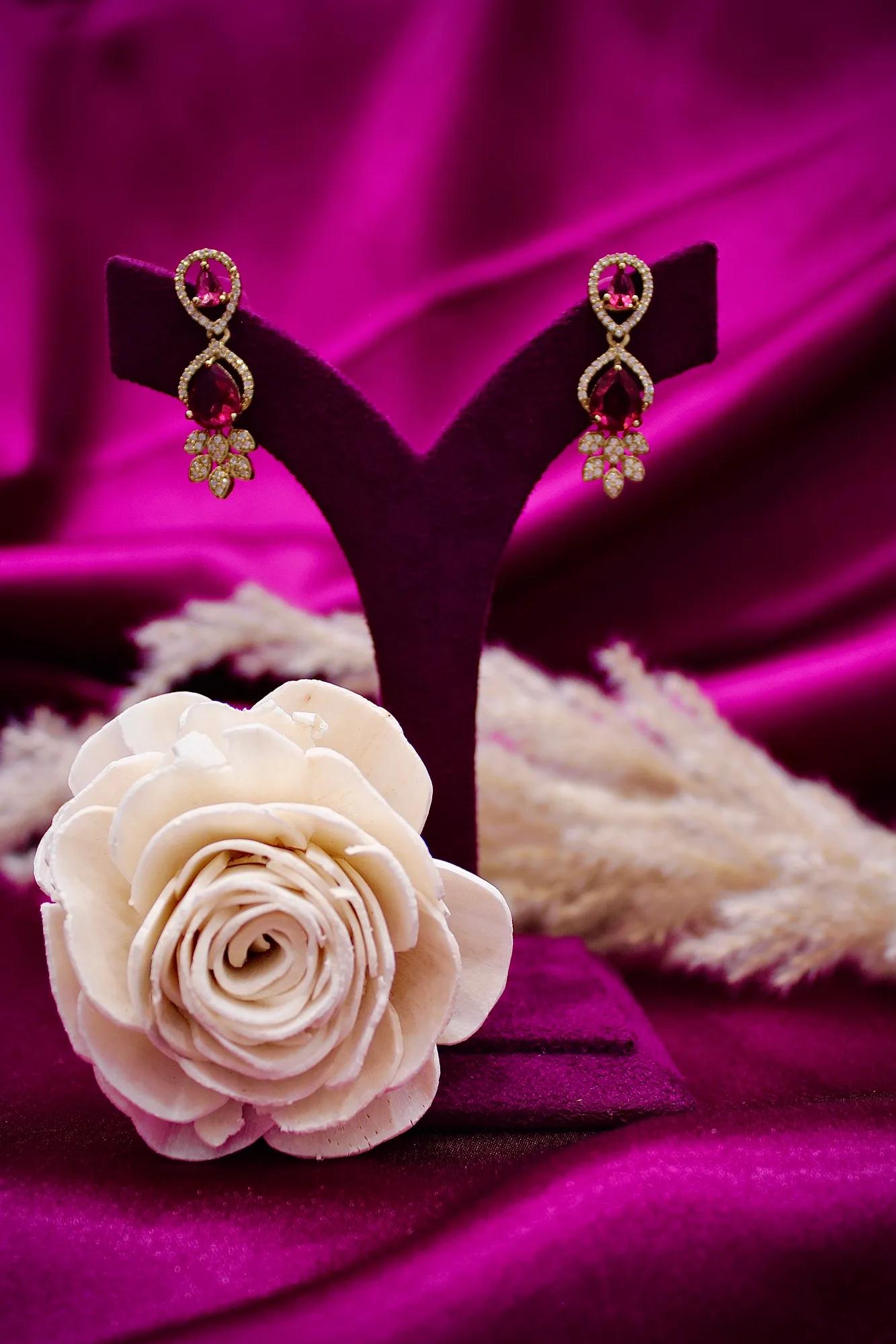 Ruby Teardrop Designer Necklace Set with CZ Stones