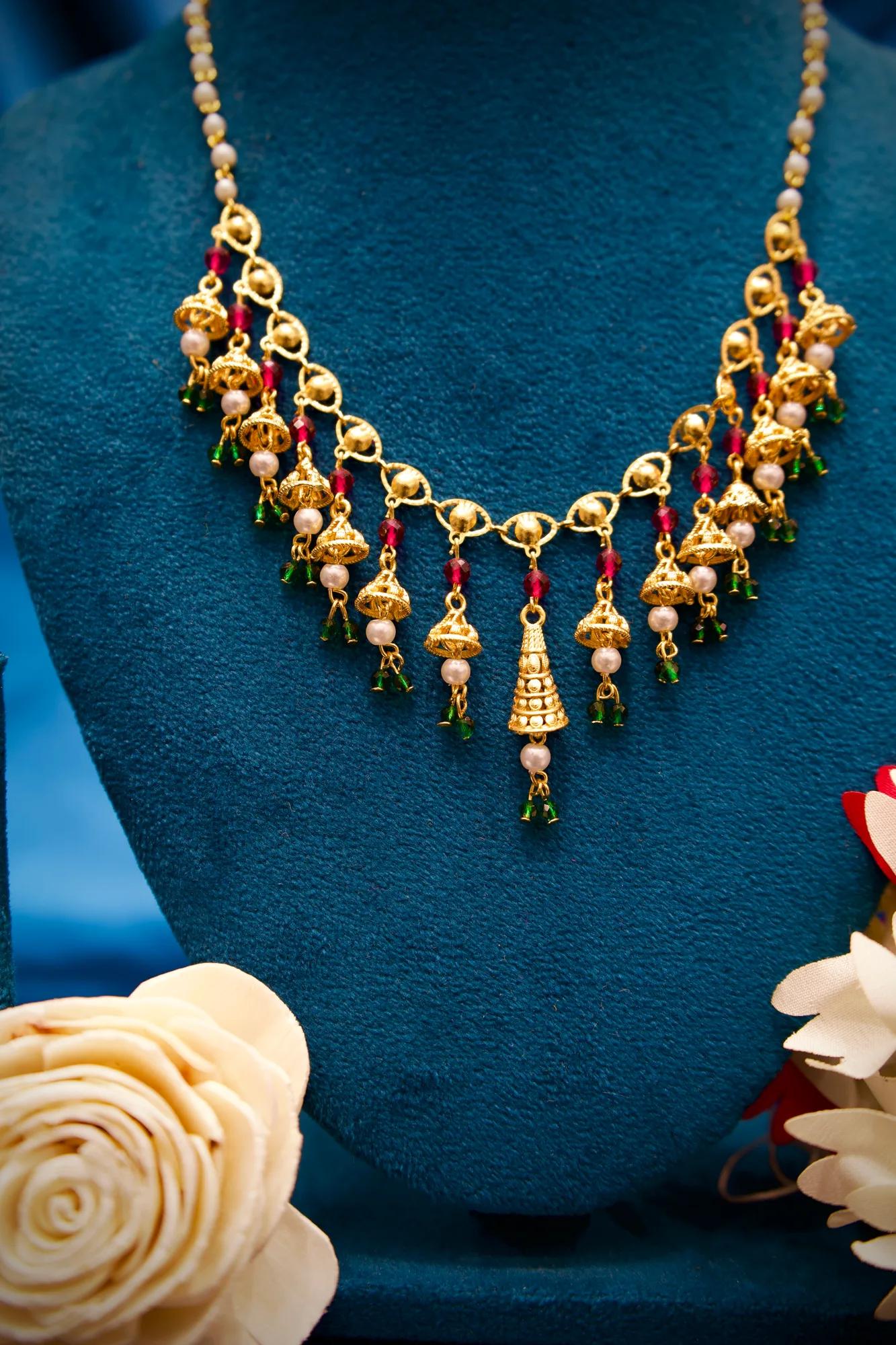Traditional Jhumka Charm Necklace Set with Pearl & Multicolor Beads