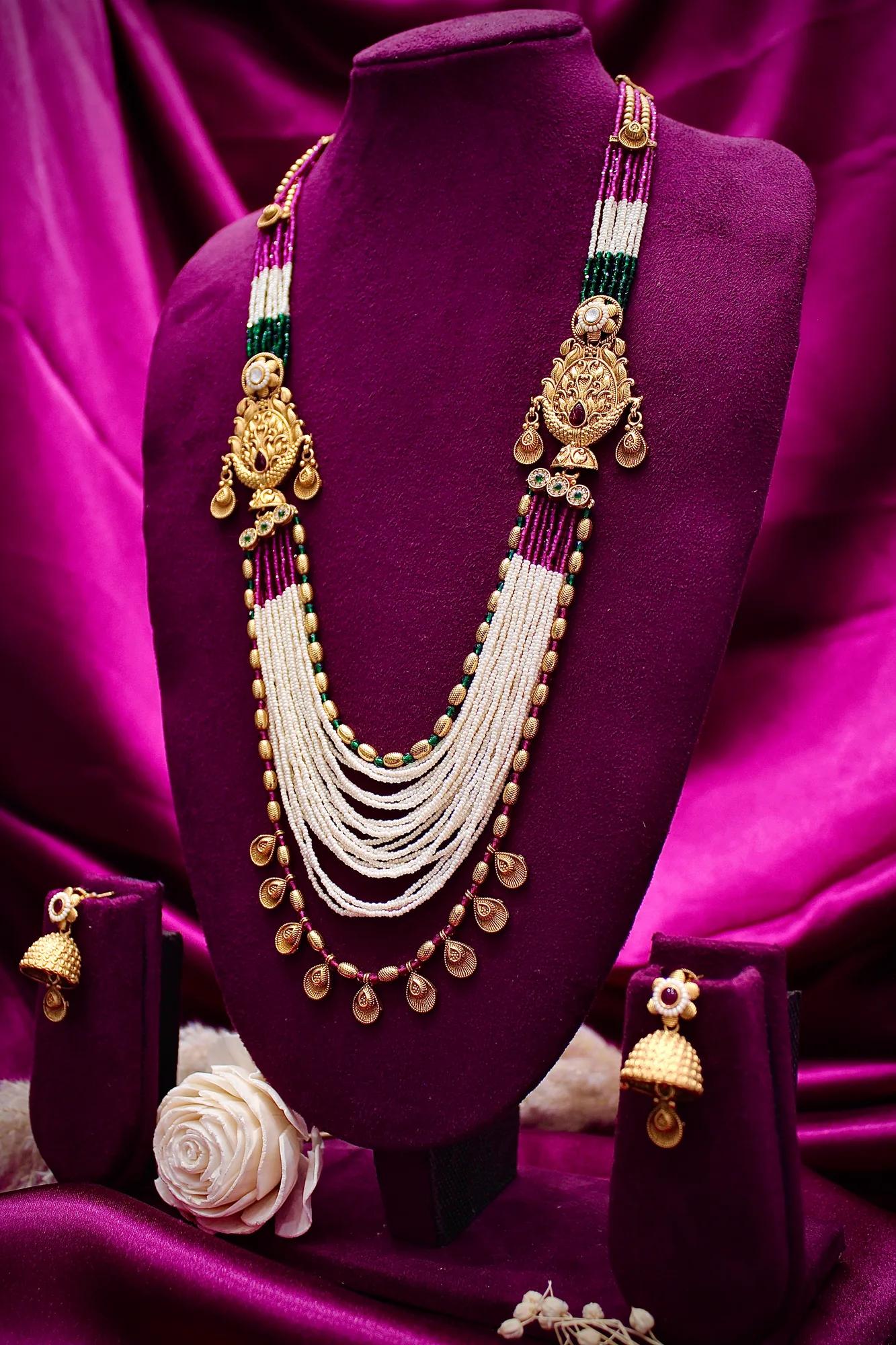 Royal Multi-Layer Pearl Haar Set with Antique Gold Motifs — Image 3