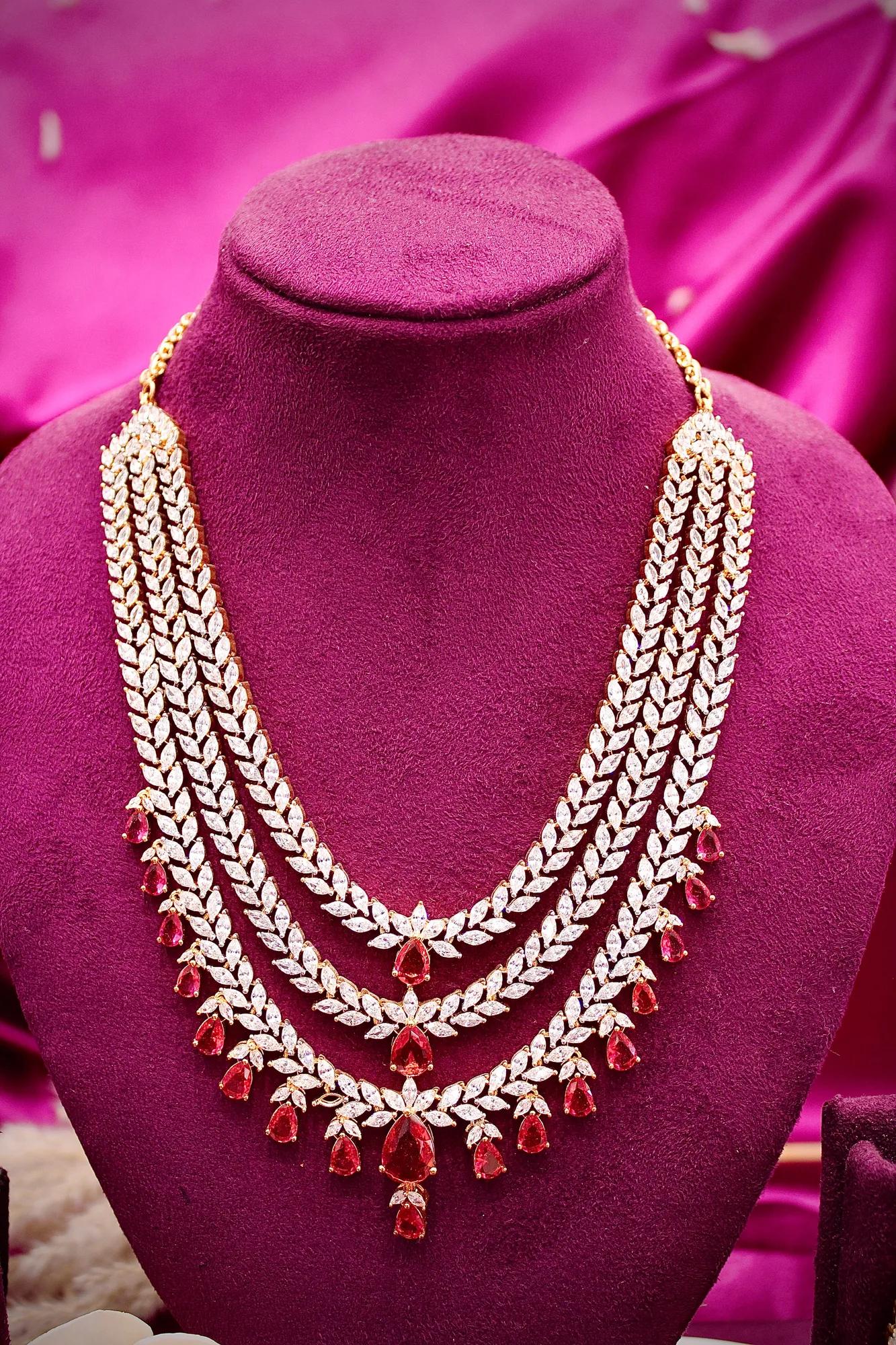 Ruby Drop Layered American Diamond Bridal Necklace Set