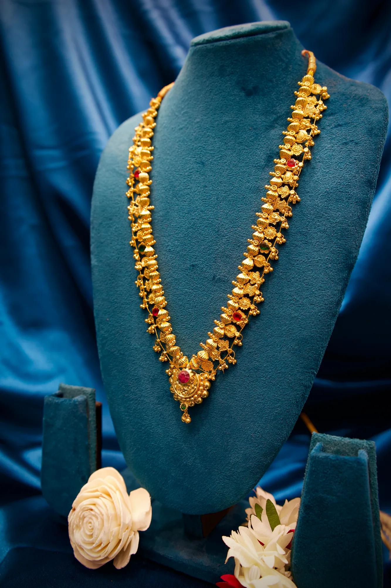 Antique Floral Temple Haram Necklace with Ruby & Emerald Stone Pendant