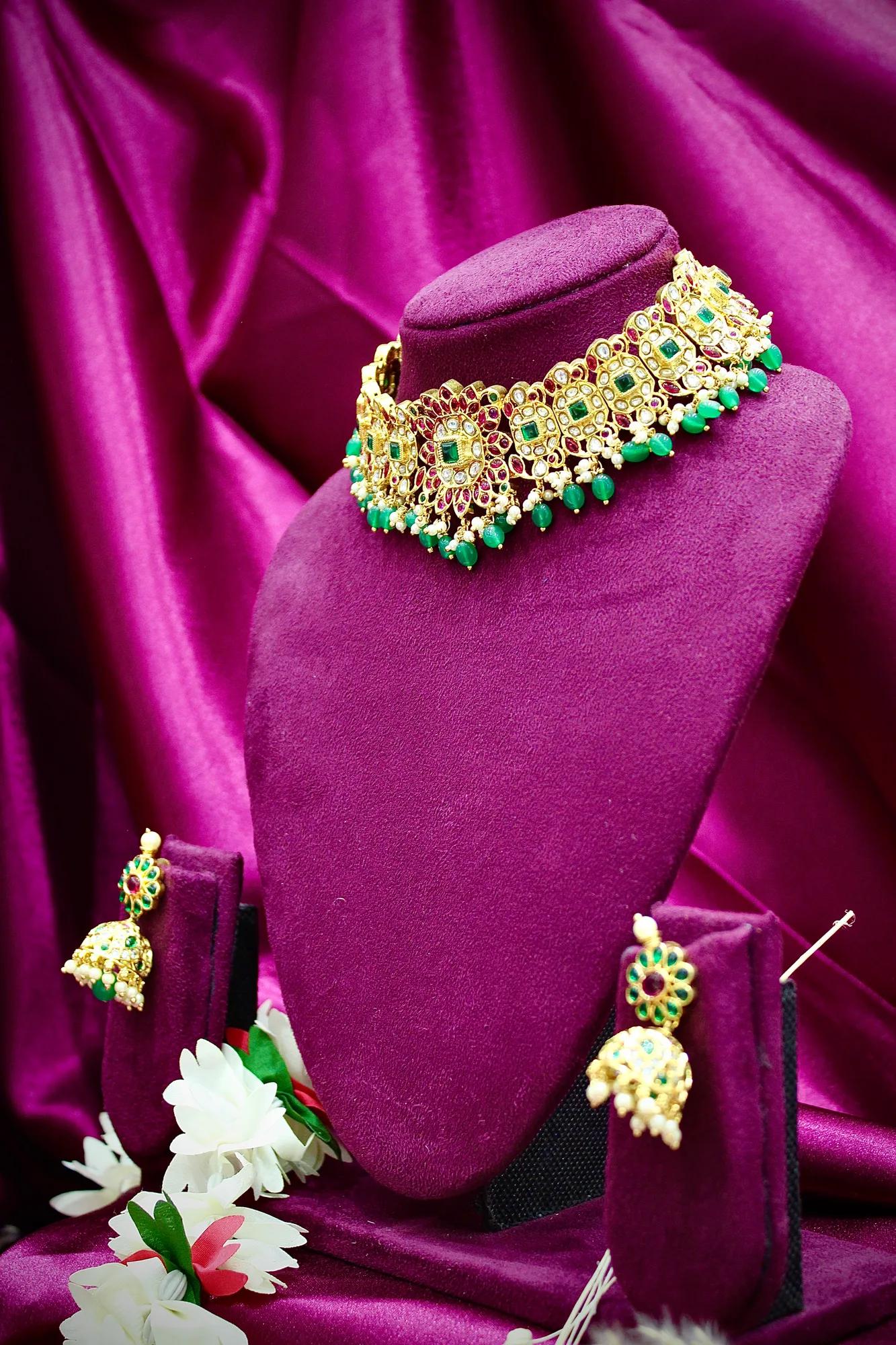 Royal Kundan Green Beaded Choker Necklace Set with Jhumka Earrings