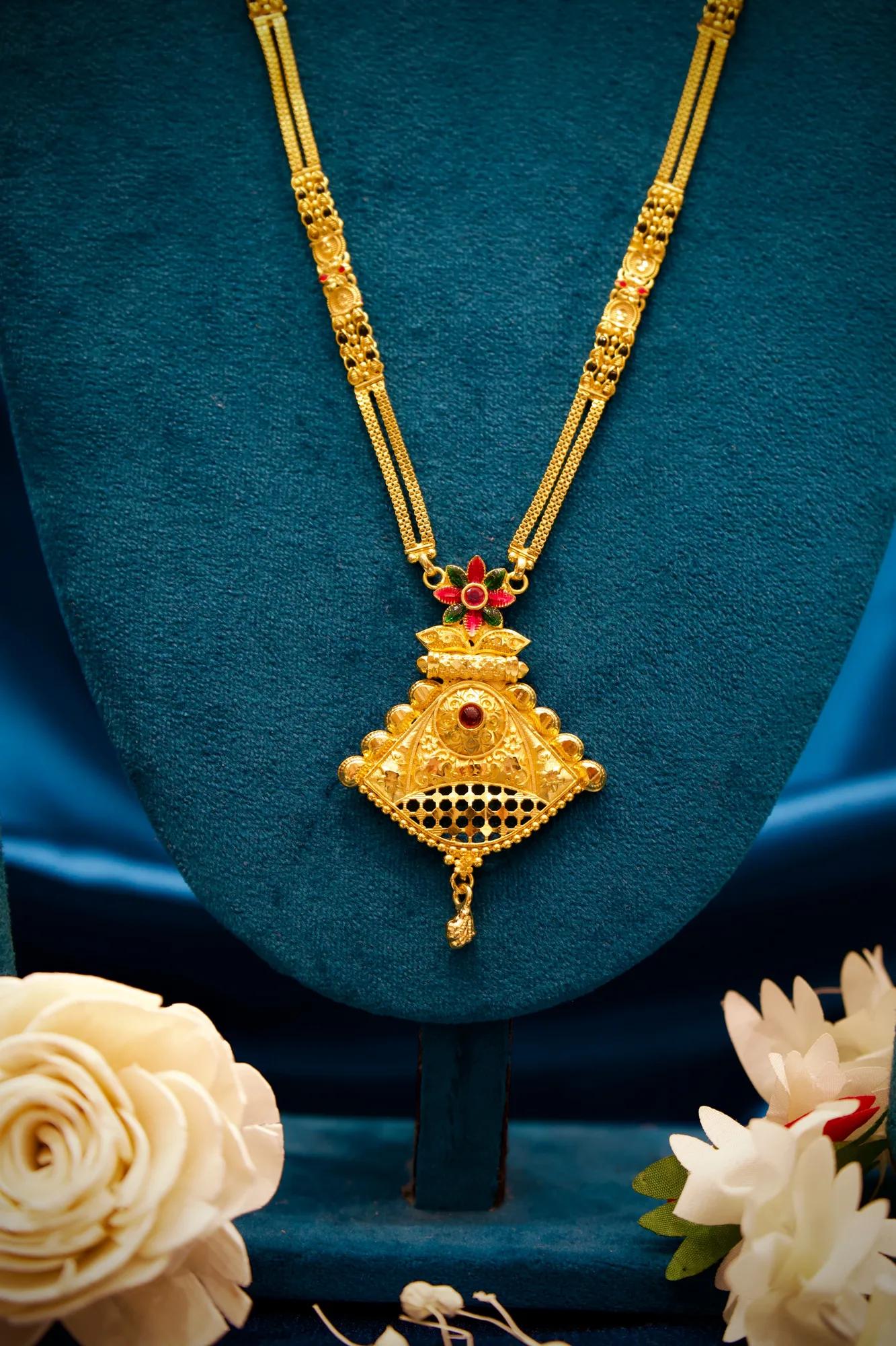 Royal Triangle Floral Pendant Gold-Tone Mangalsutra Necklace