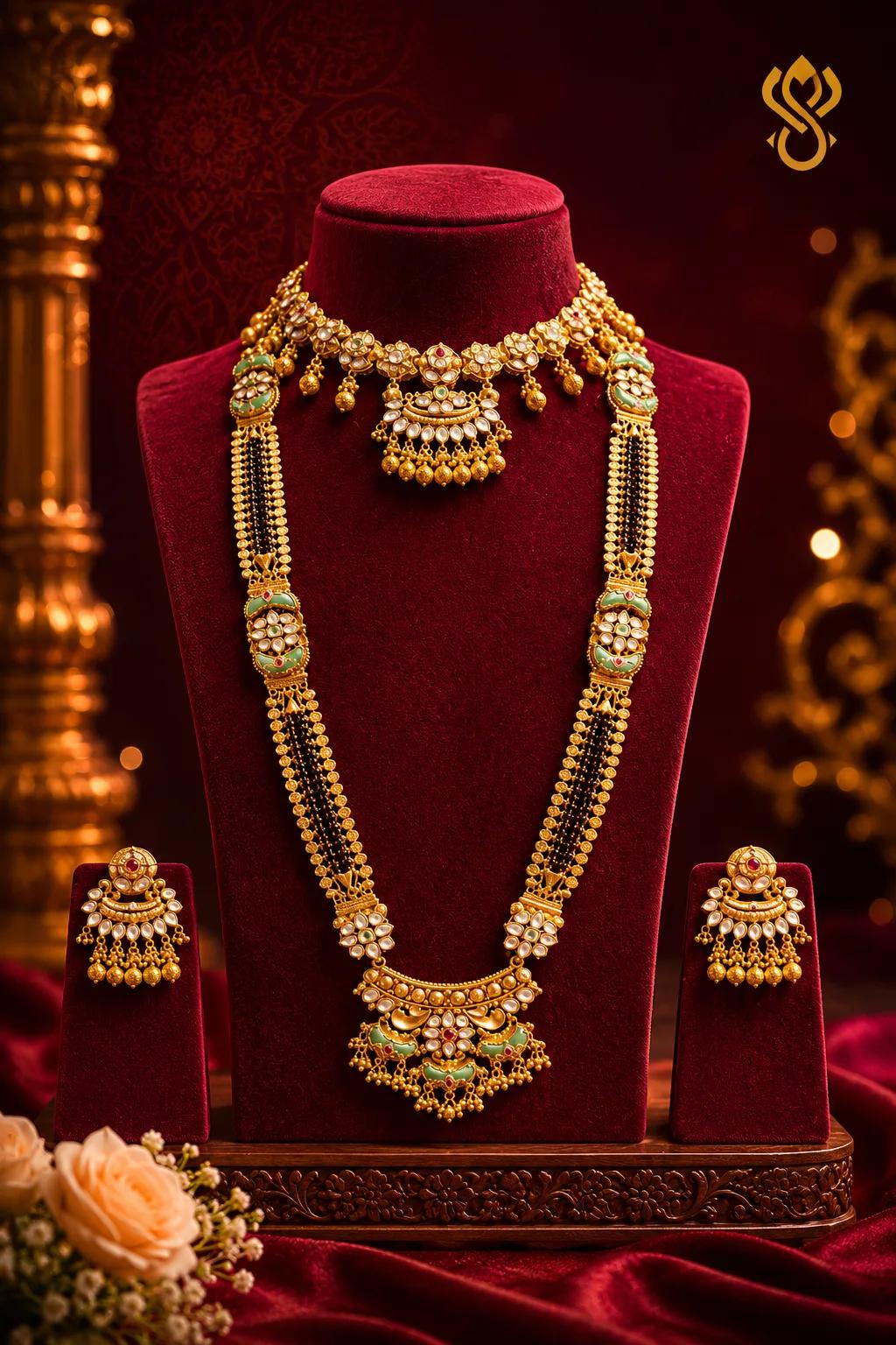 Bridal Kundan Meenakari Long Haaram Set with Mangalsutra Chain & Chandelier Earrings