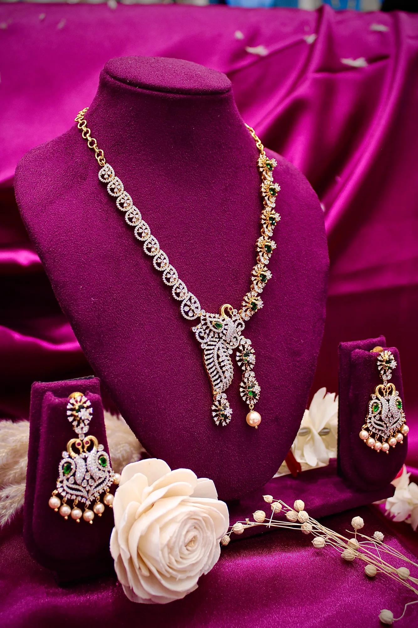 Emerald Peacock Designer Necklace Set with CZ Stones & Pearl Drops
